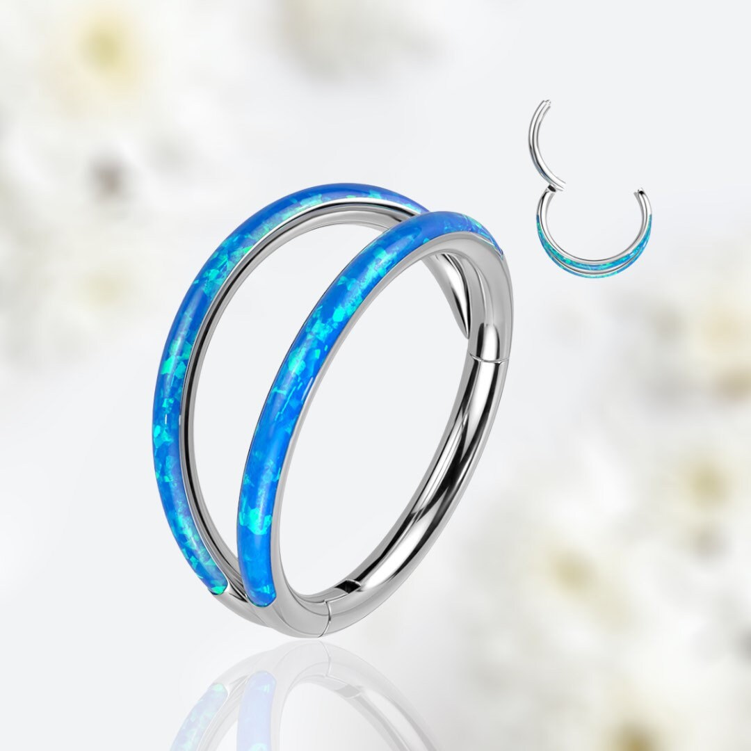 16G Implant Grade Titanium Double Line Blue Opal Hinged Clicker Ring