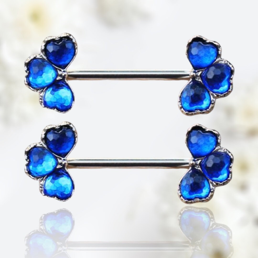 Pair of 14G Blue Gem Black Clover Ends Nipple Barbell