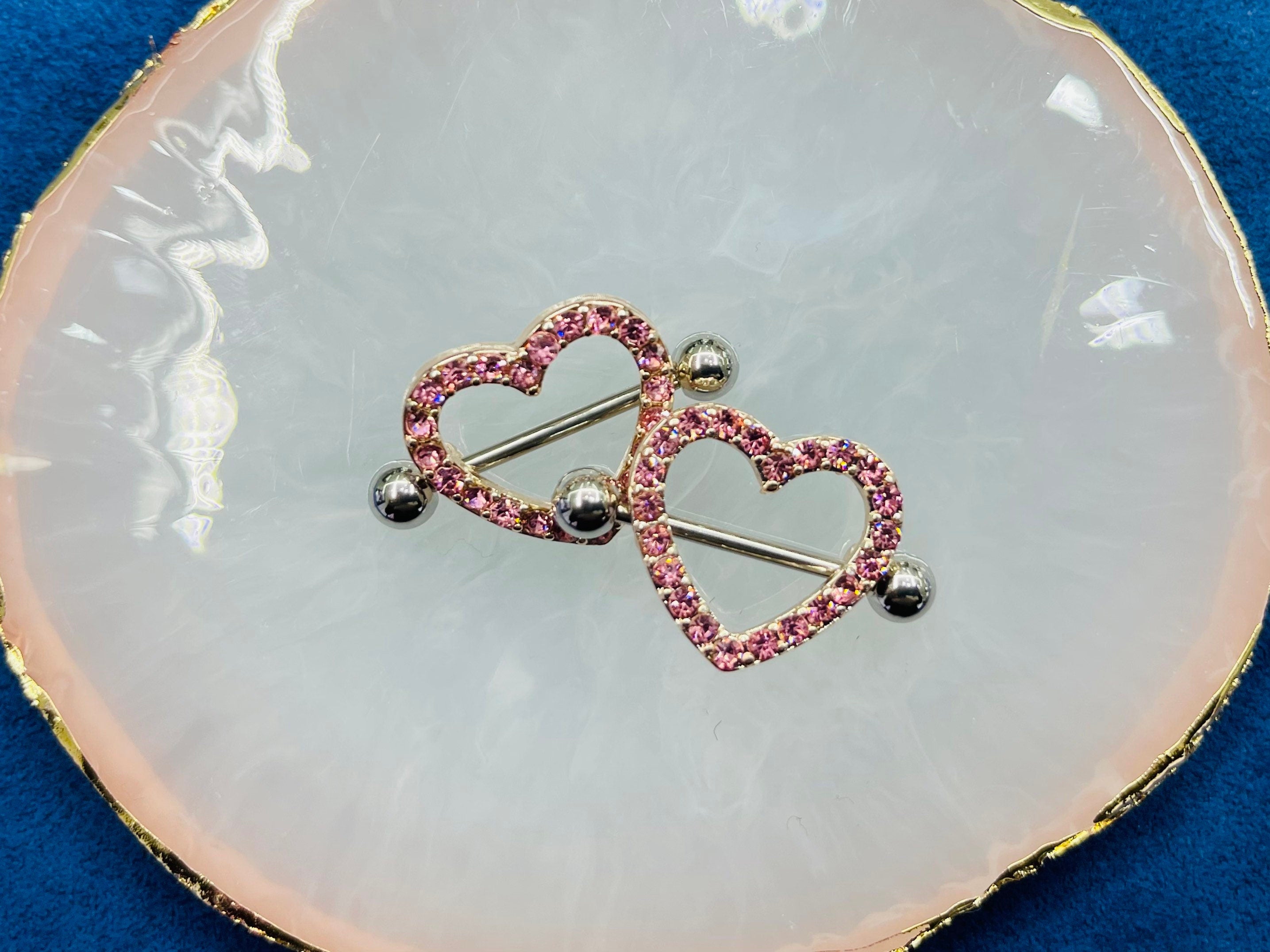 14G Rose Gold Sparkling Heart with Paved Pink Crystal Stones Nipple Barbells. Nipple Jewelry. Nipple Piercing. Body Jewelry.