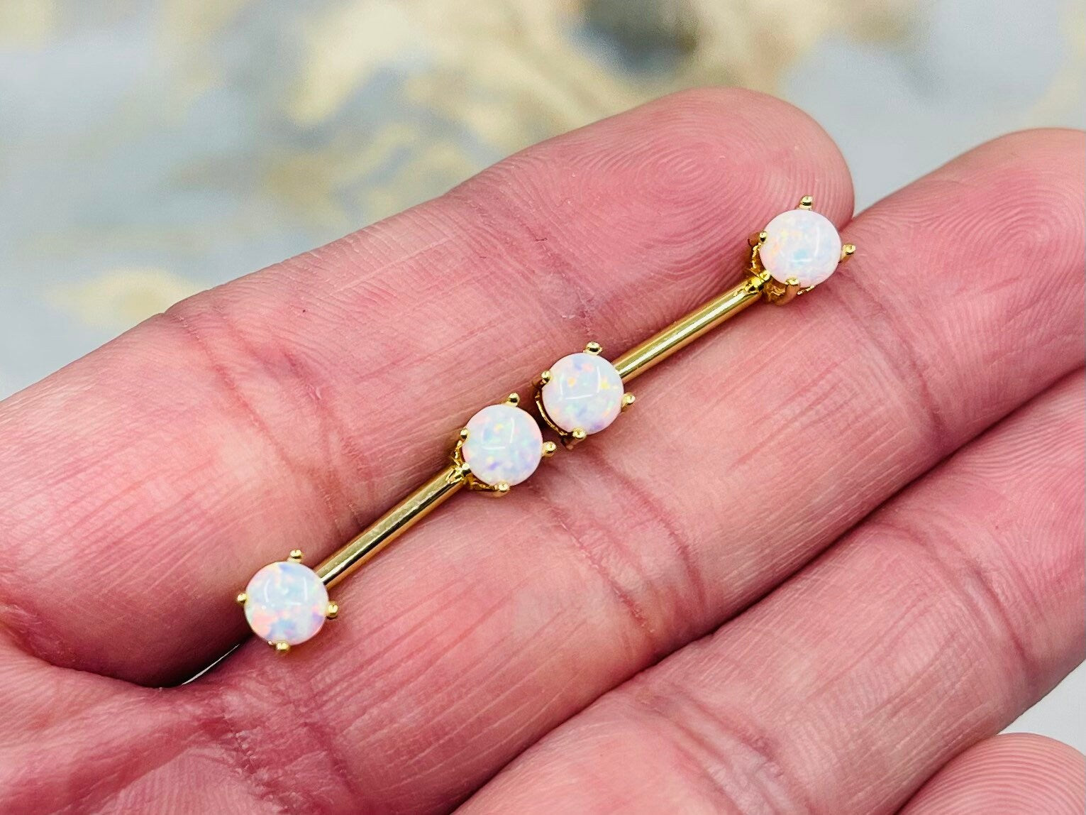 Pair of 14G Gold White Opal Prong Set Nipple Barbell. Nipple Rings. Nipple Piercing. Nipple Jewelry.