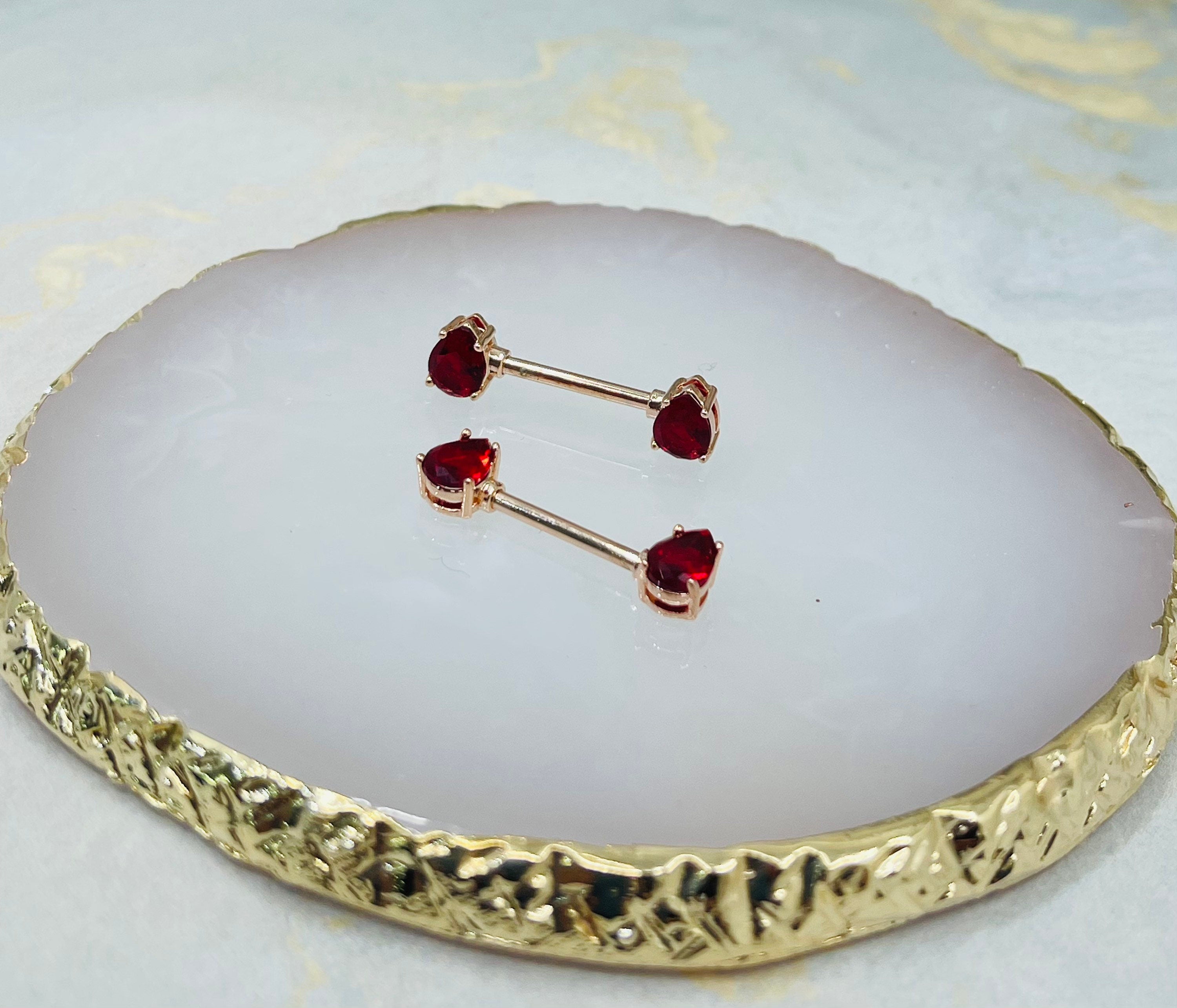 Pair of 14G Teardrop Red Gems with Rose Gold Accent Nipple Barbells. Nipple Rings. Nipple Piercing. Nipple Jewelry. Body Jewelry