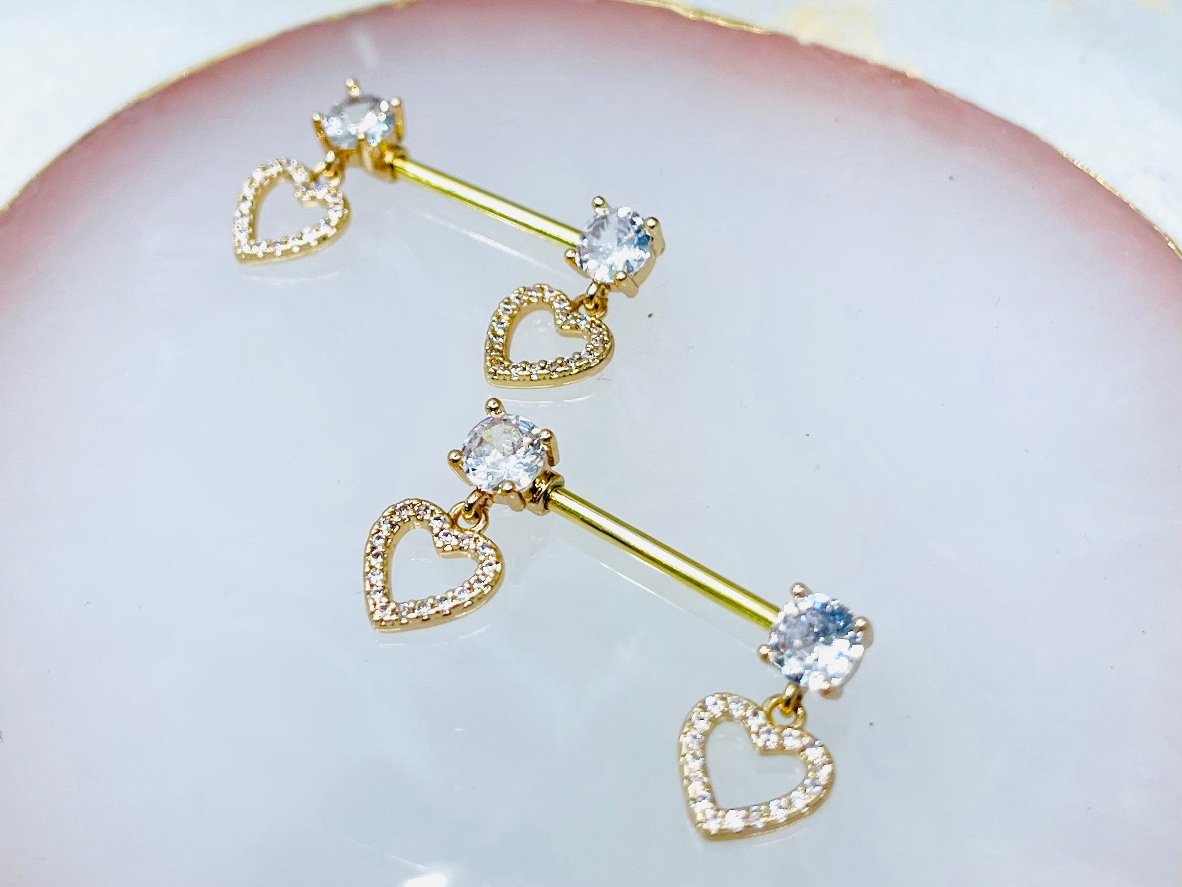 Pair of 14G Dainty Dangling Heart Nipple Barbell Jewelry • Nipple Ring • Nipple Piercing