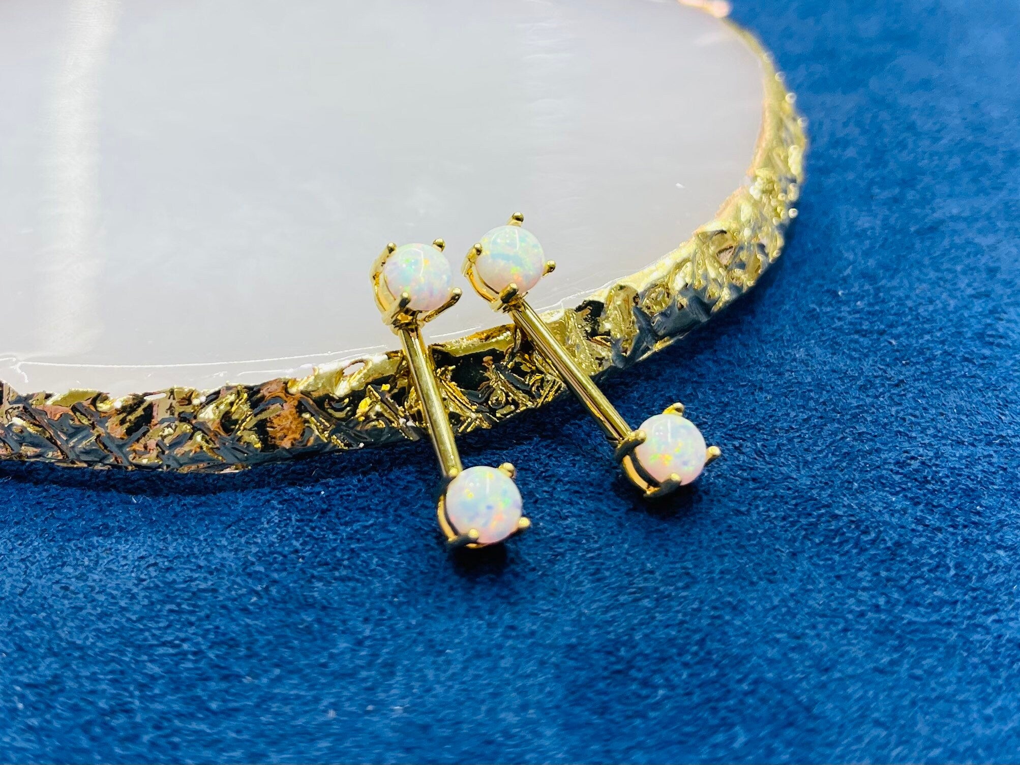 Pair of 14G Gold White Opal Prong Set Nipple Barbell. Nipple Rings. Nipple Piercing. Nipple Jewelry.