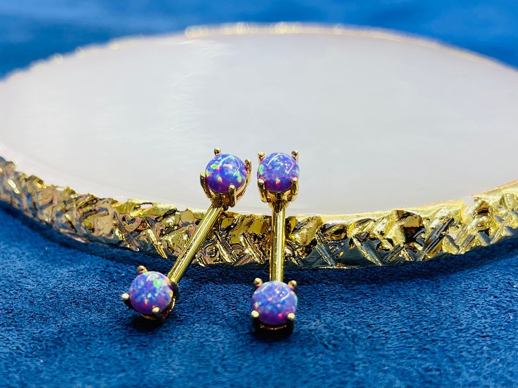 Pair of 14G Gold Purple Opal Prong Set Nipple Barbell. Nipple Rings. Nipple Piercing. Nipple Jewelry.