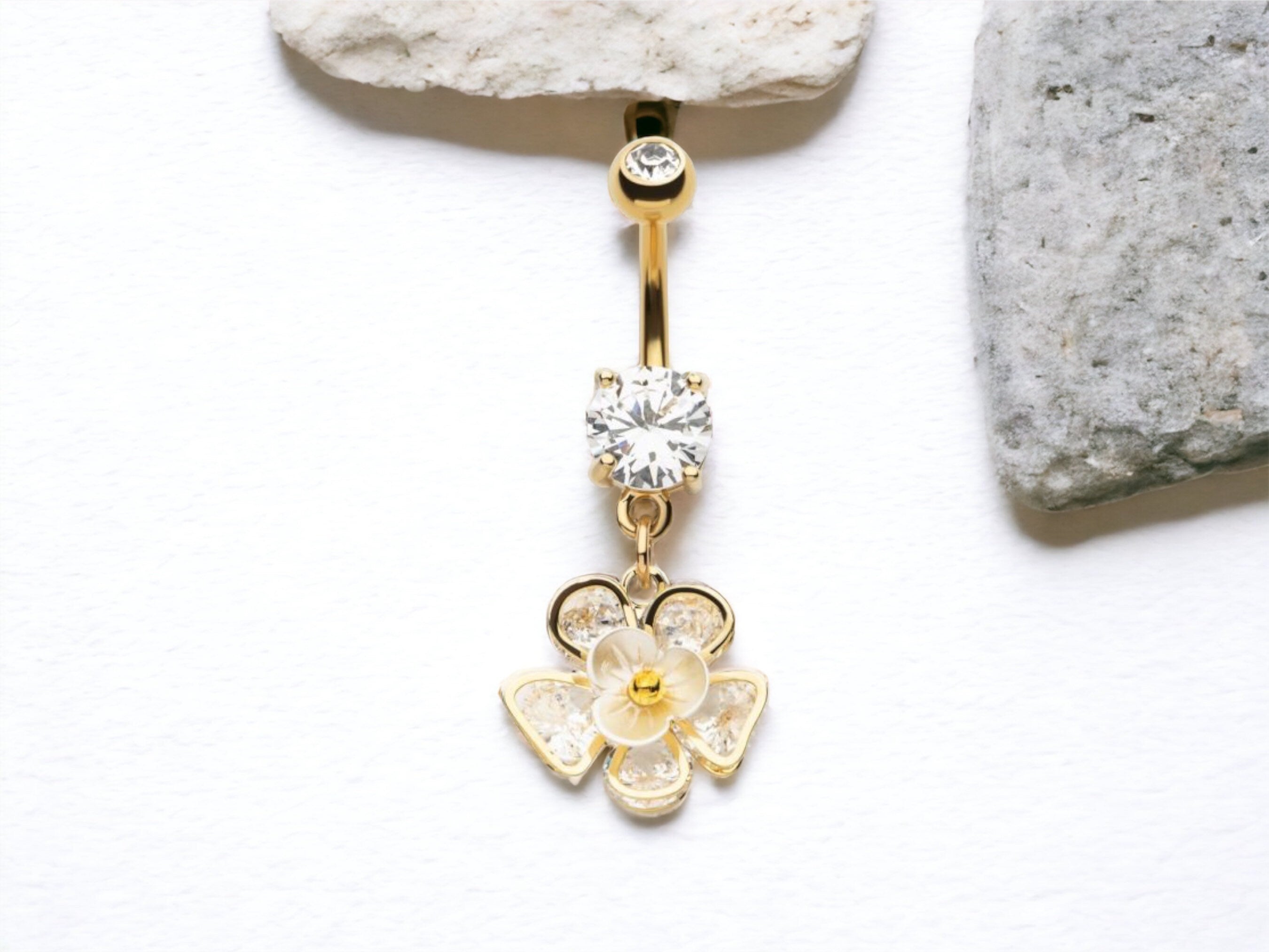 Dangling Dainty Flower Petals Clear Gems Belly Button Ring • Flower Belly Ring • Rose Belly Ring •