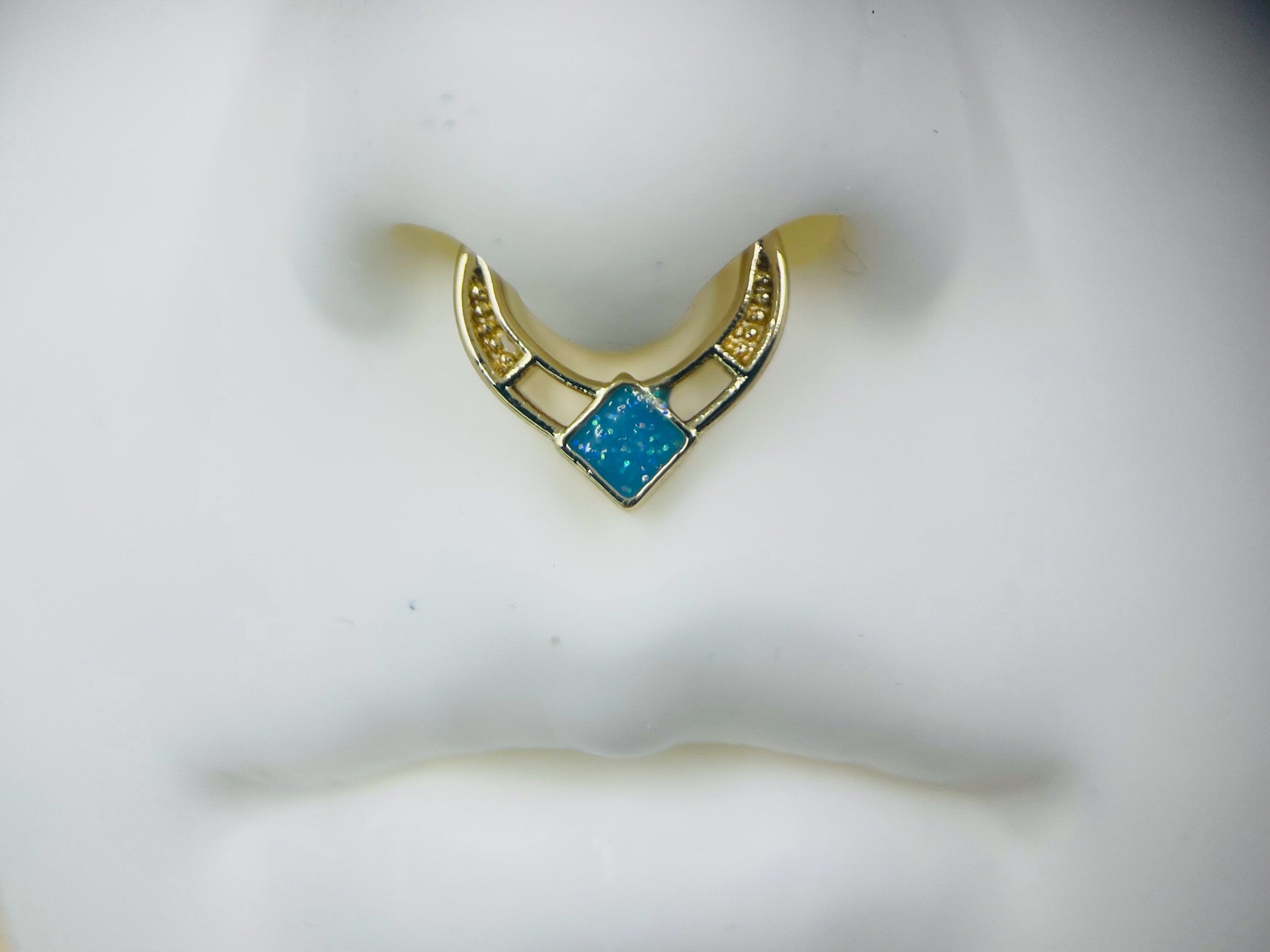 16G Gold Blue Opal Glitter Septum Clicker Ring • Septum Piercing