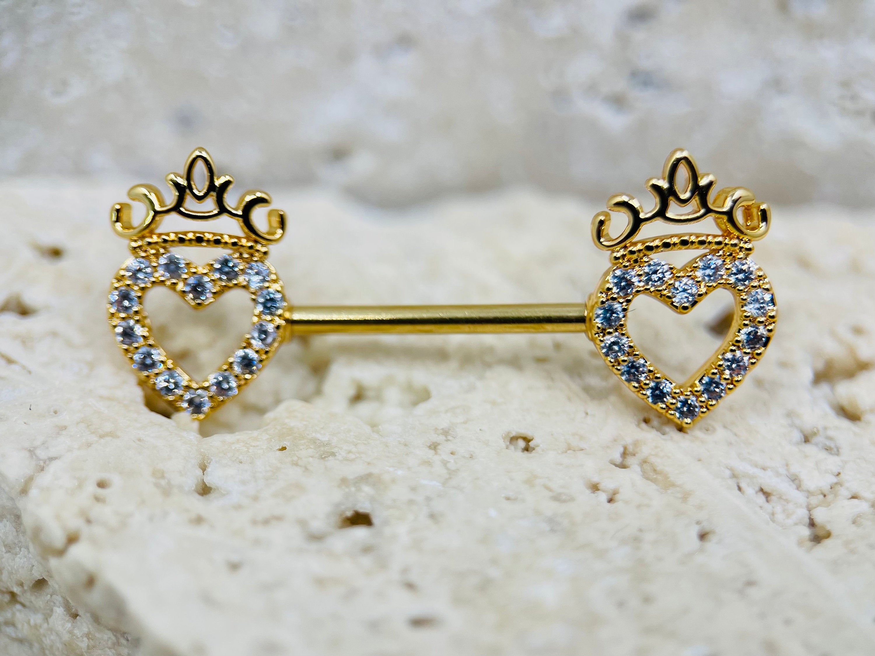 14G Gold Heart & Crown Top Nipple Jewelry Barbell, Nipple Piercing, Nipple Jewelry