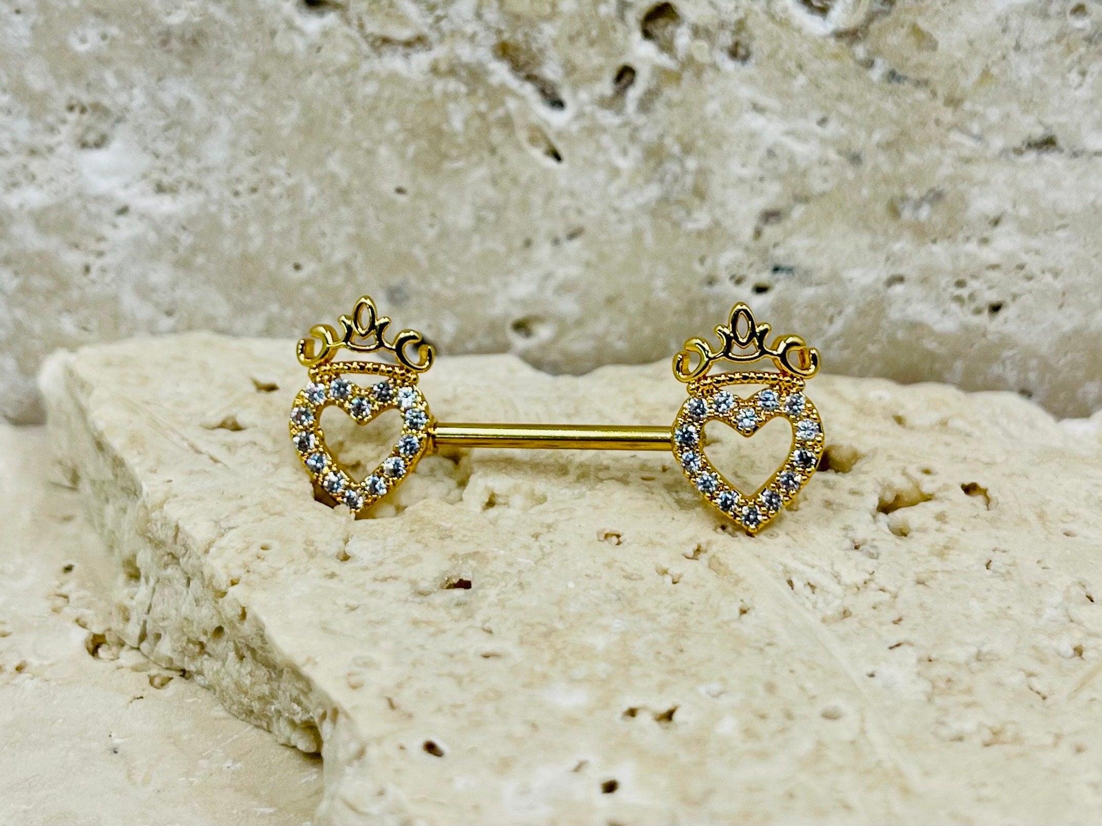 14G Gold Heart & Crown Top Nipple Jewelry Barbell, Nipple Piercing, Nipple Jewelry