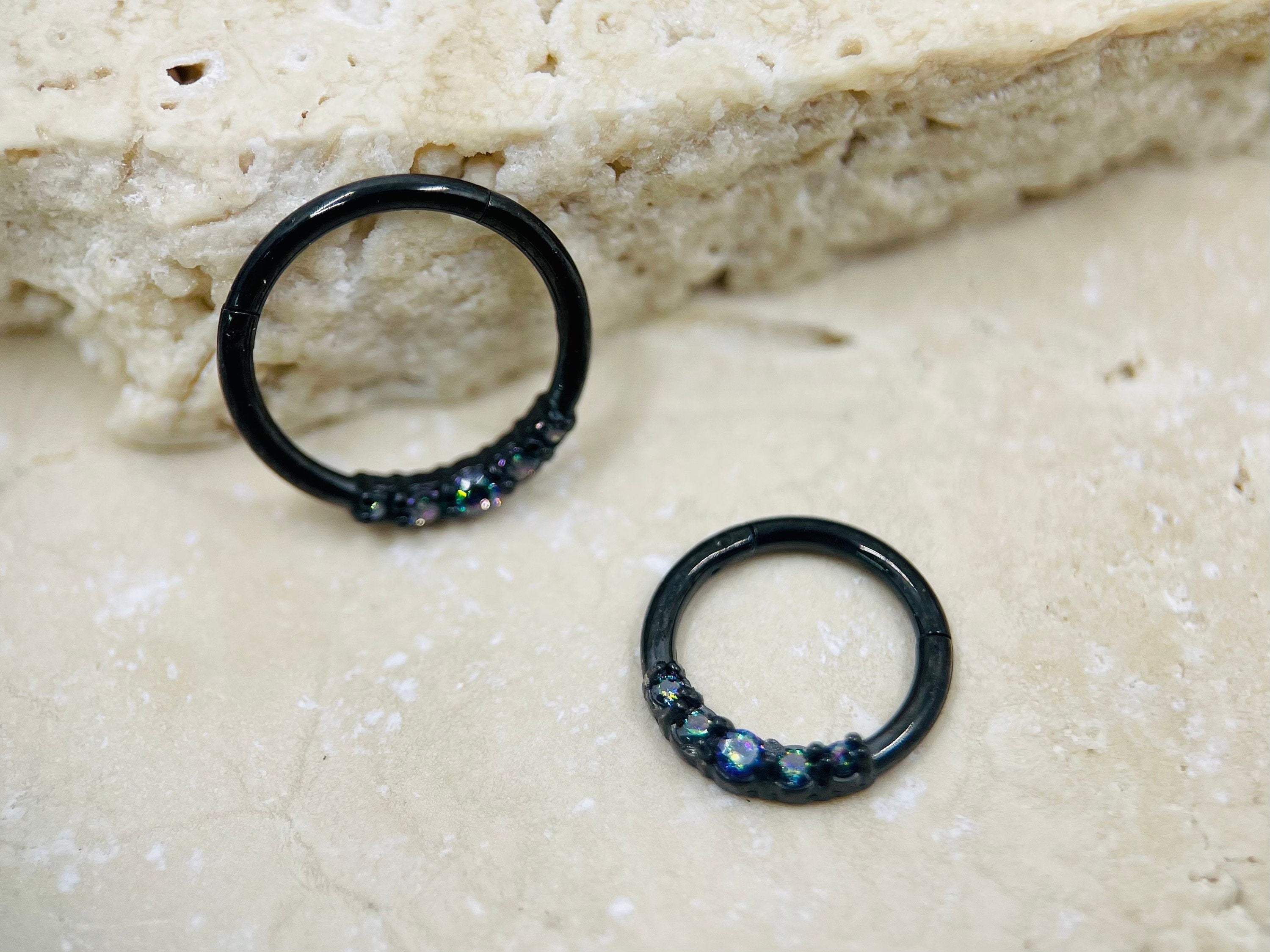 16G Black Minimal Basic Surgical Steel Septum Ring Clicker with Multicolored Stones