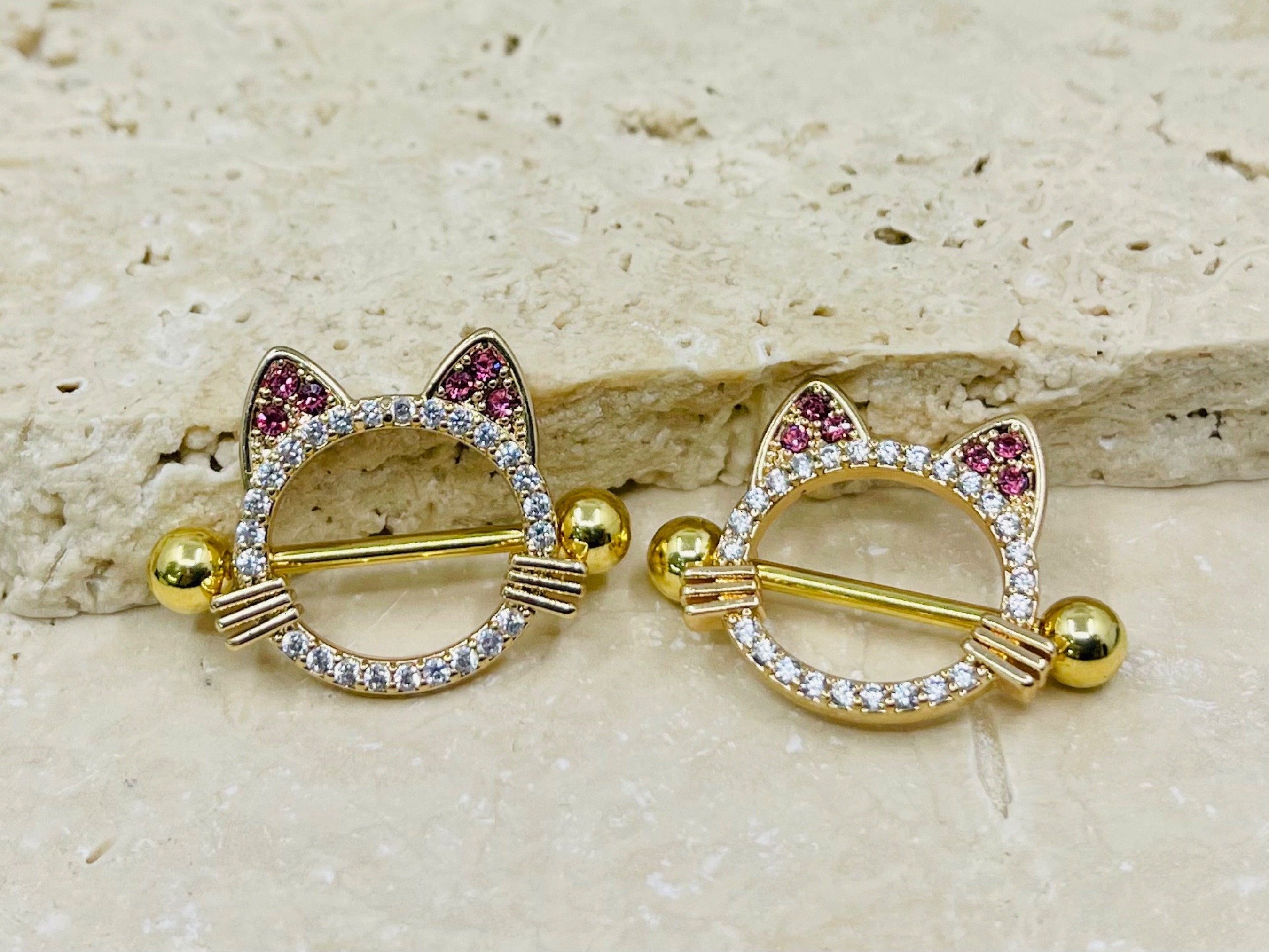 14G Gold Pink Cat Nipple Jewelry Barbells, Clear Gem Cat Nipple Barbells