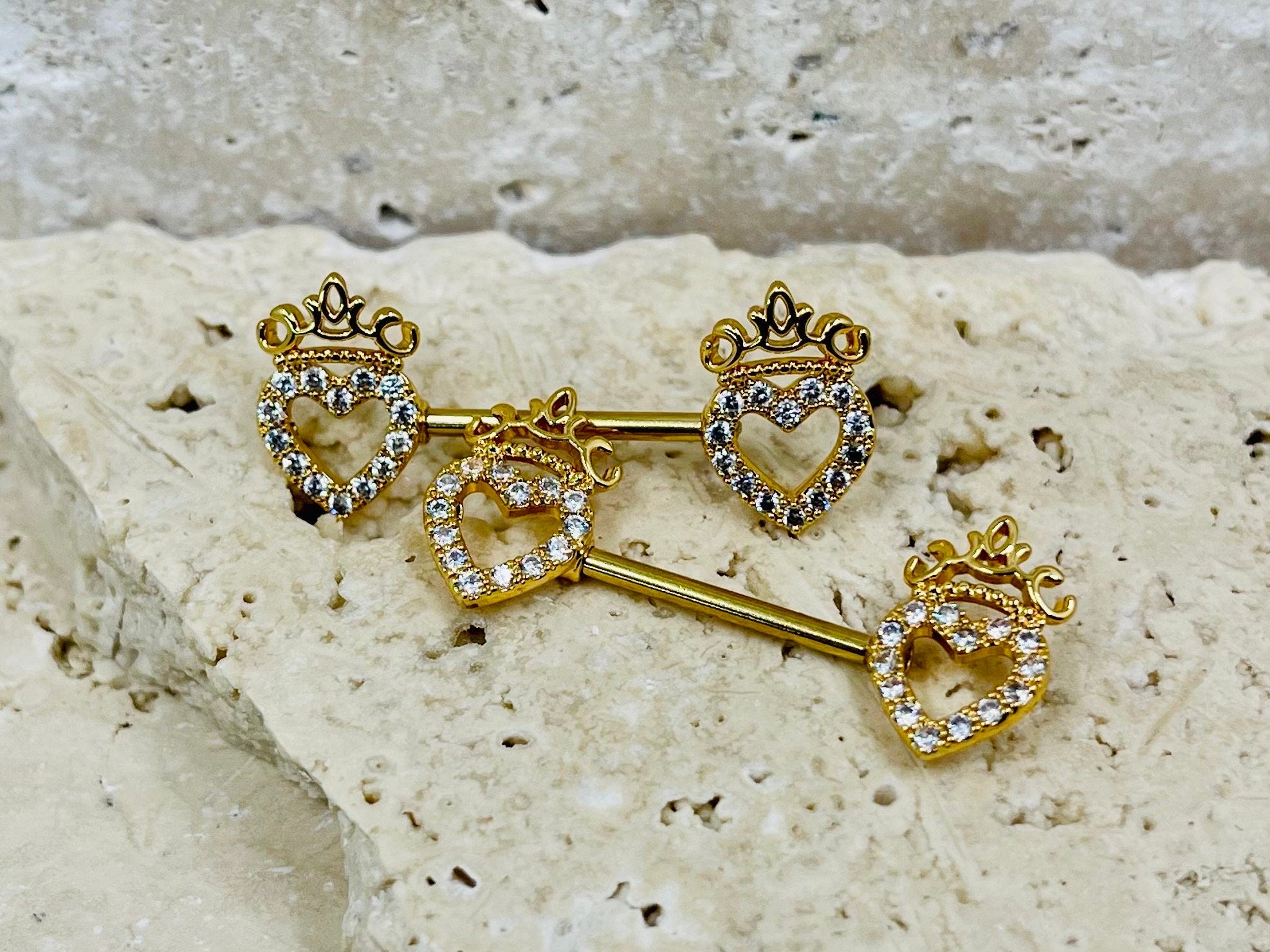 14G Gold Heart & Crown Top Nipple Jewelry Barbell, Nipple Piercing, Nipple Jewelry