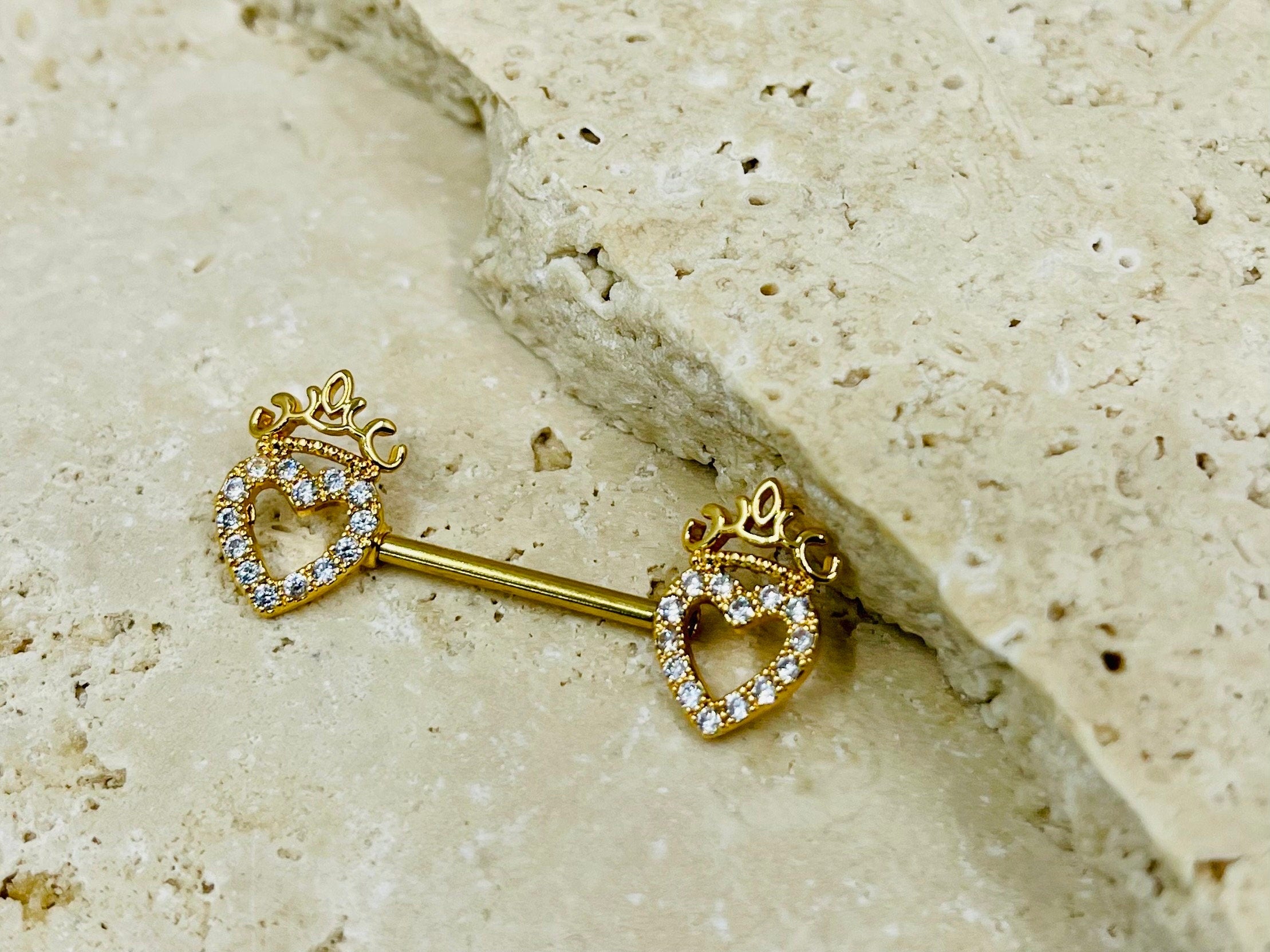 14G Gold Heart & Crown Top Nipple Jewelry Barbell, Nipple Piercing, Nipple Jewelry