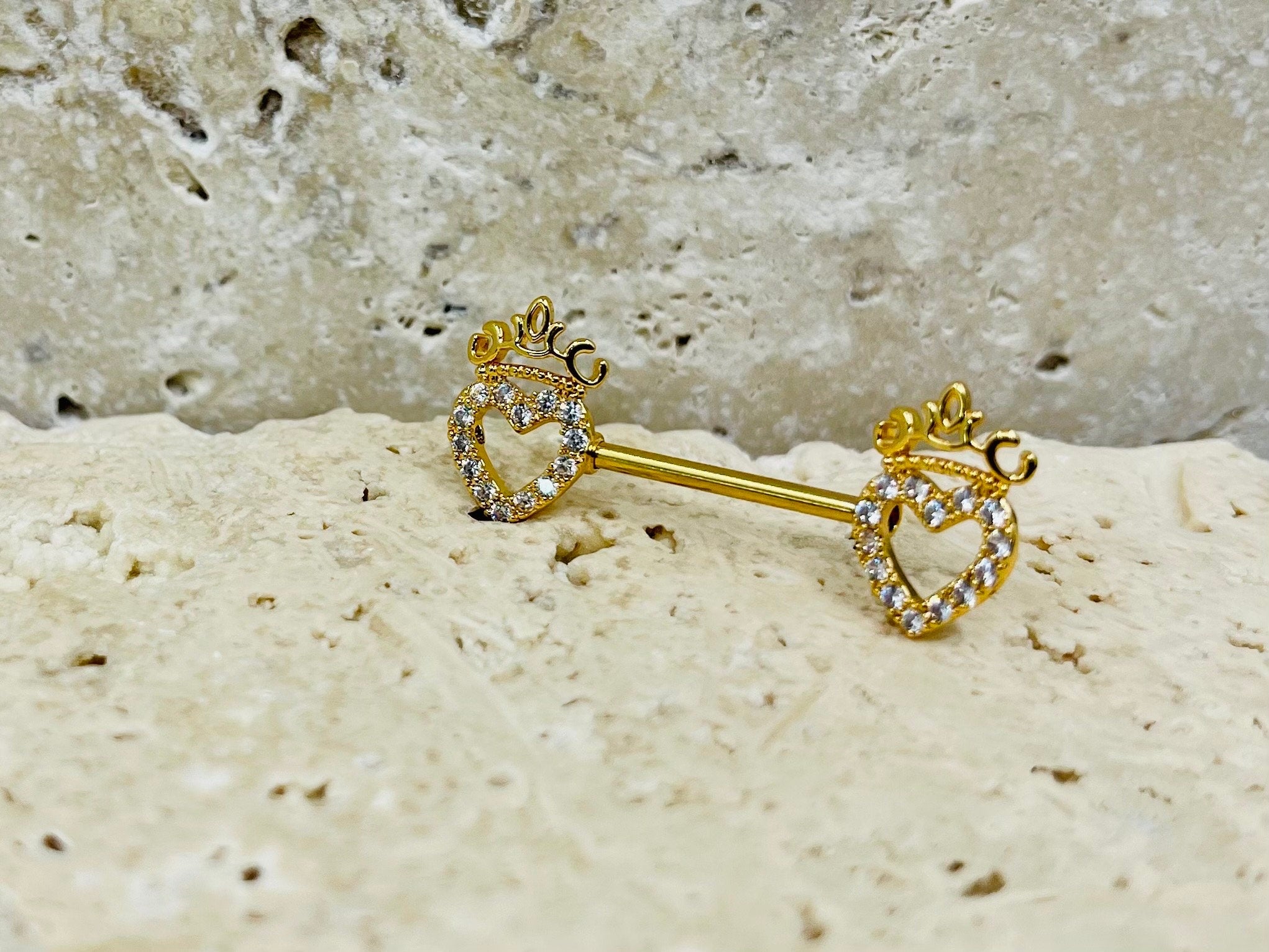 14G Gold Heart & Crown Top Nipple Jewelry Barbell, Nipple Piercing, Nipple Jewelry