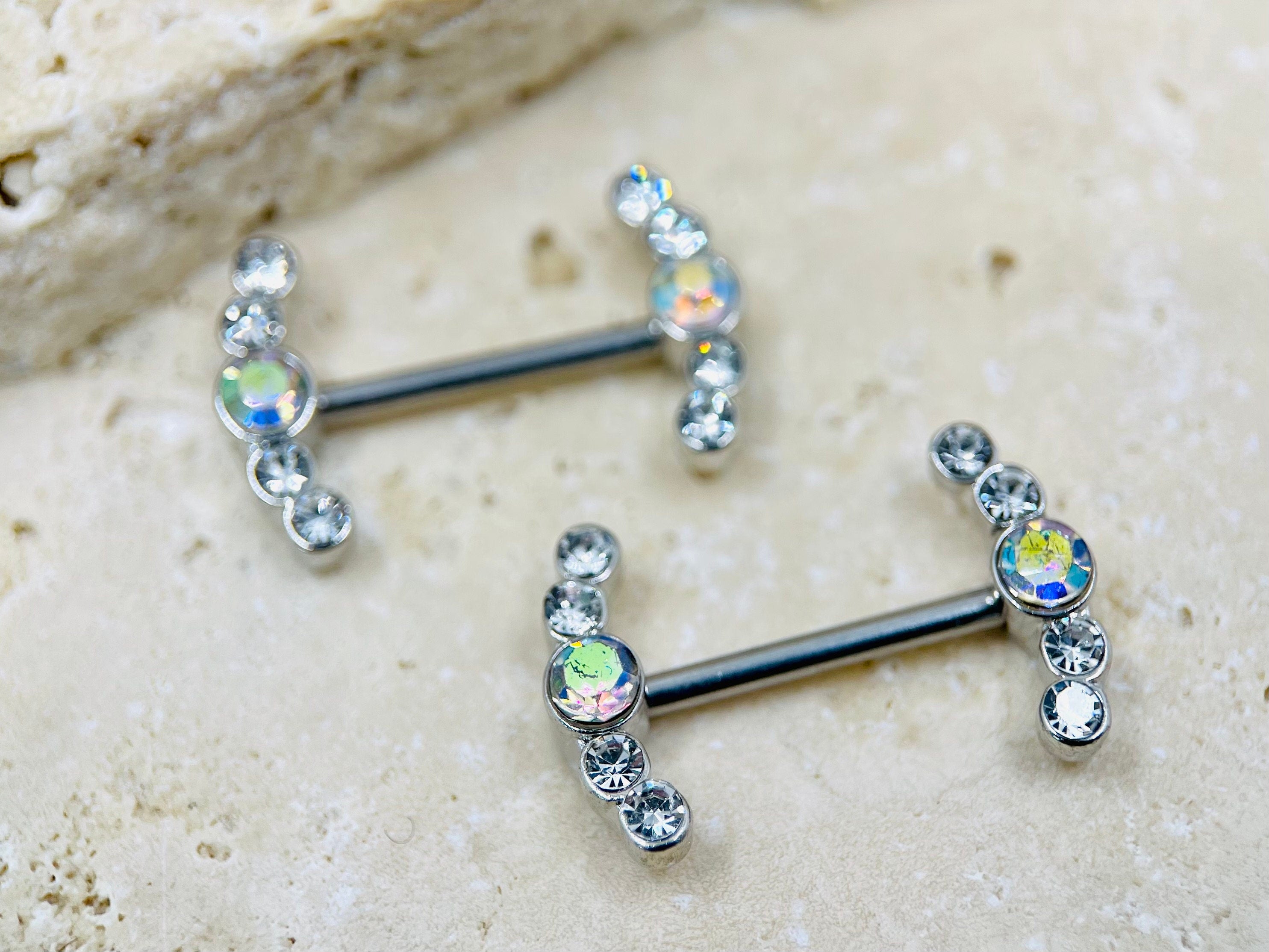 14G Clear & Multicolor Gem Cluster Ends Nipple Barbells, Nipple Rings