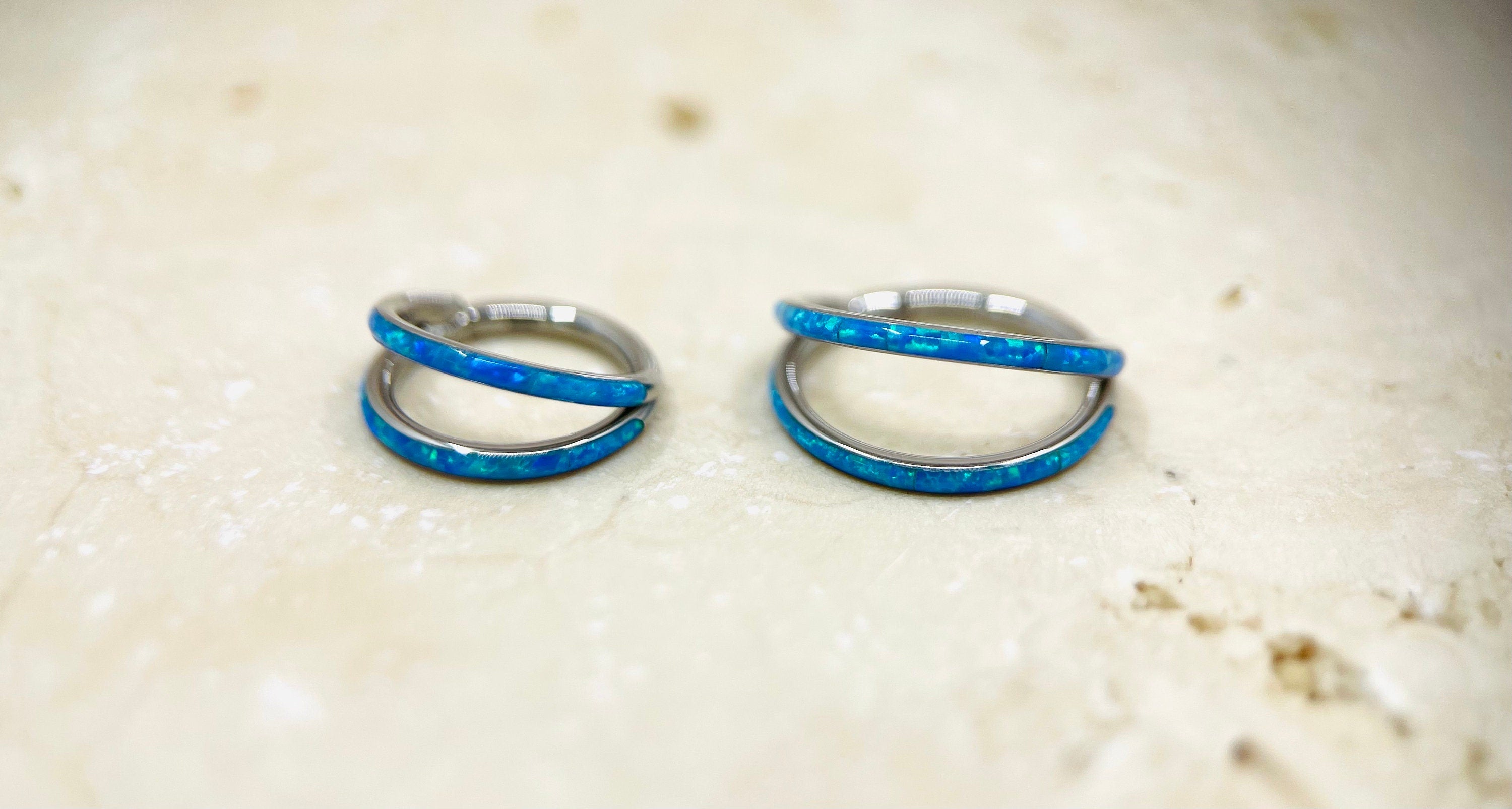 16G Implant Grade Titanium Double Line Blue Opal Hinged Clicker Ring