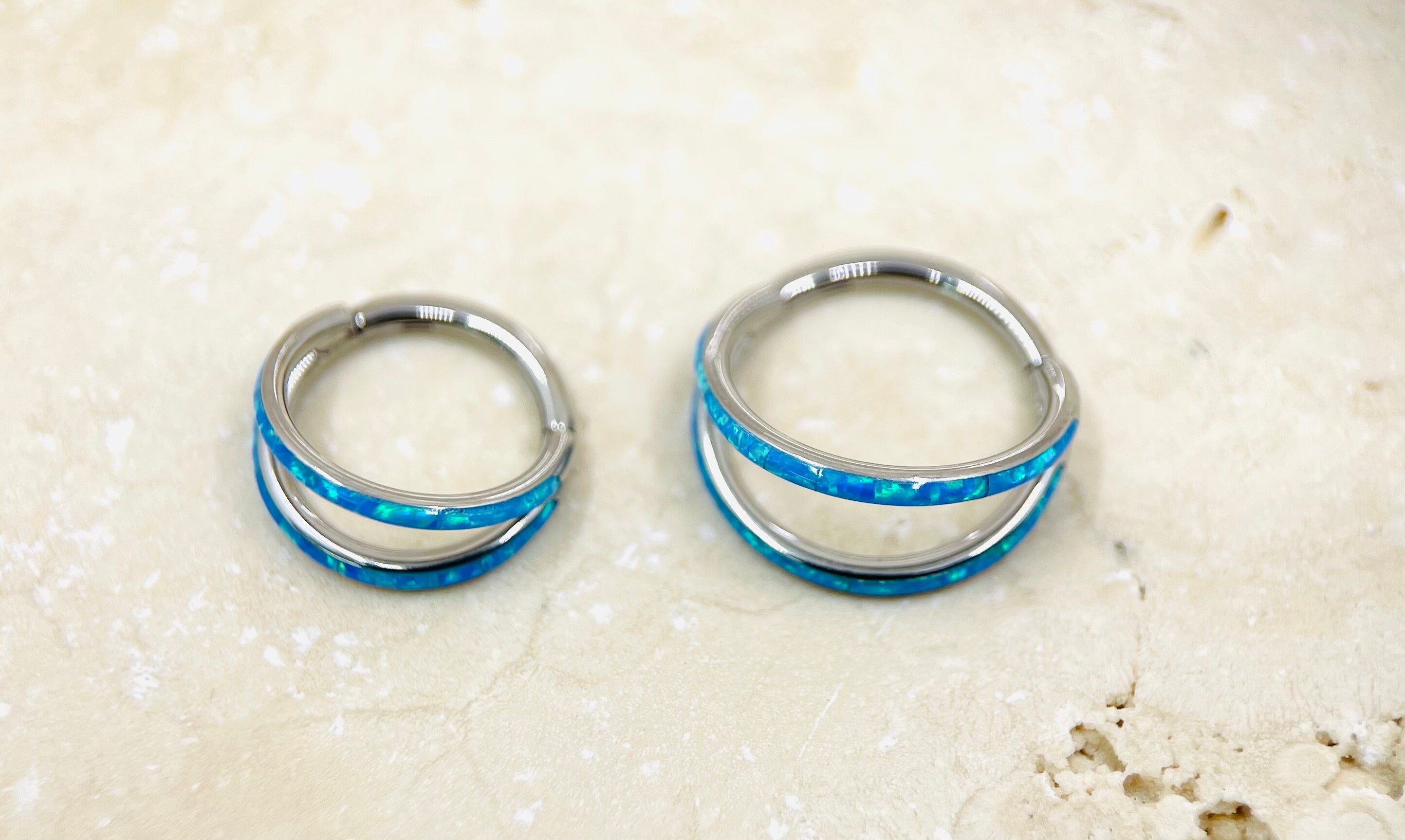 16G Implant Grade Titanium Double Line Blue Opal Hinged Clicker Ring