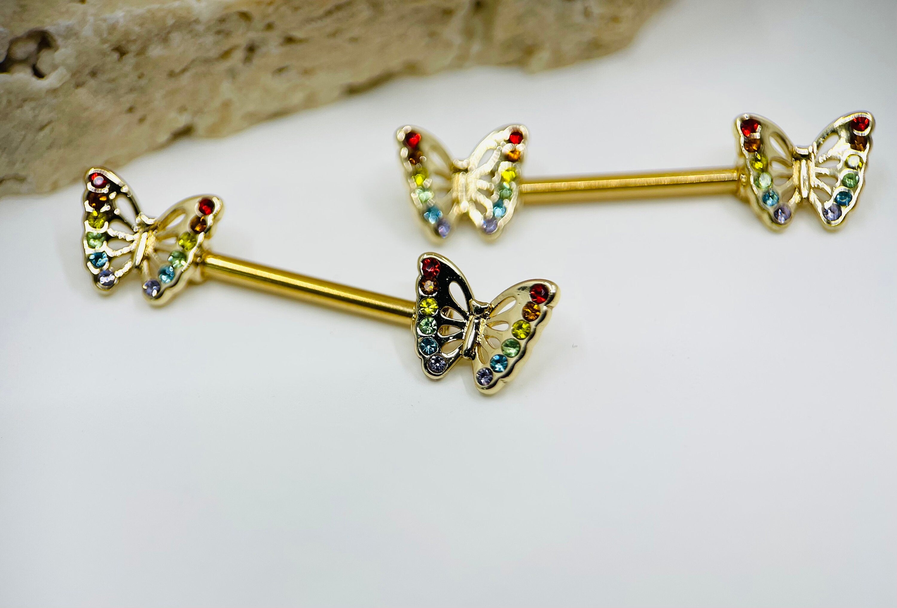 14G Gold Colorful Gems Butterfly Nipple Jewelry • Nipple Barbells with Butterfly End • Rainbow Butterfly Nipple Jewelry