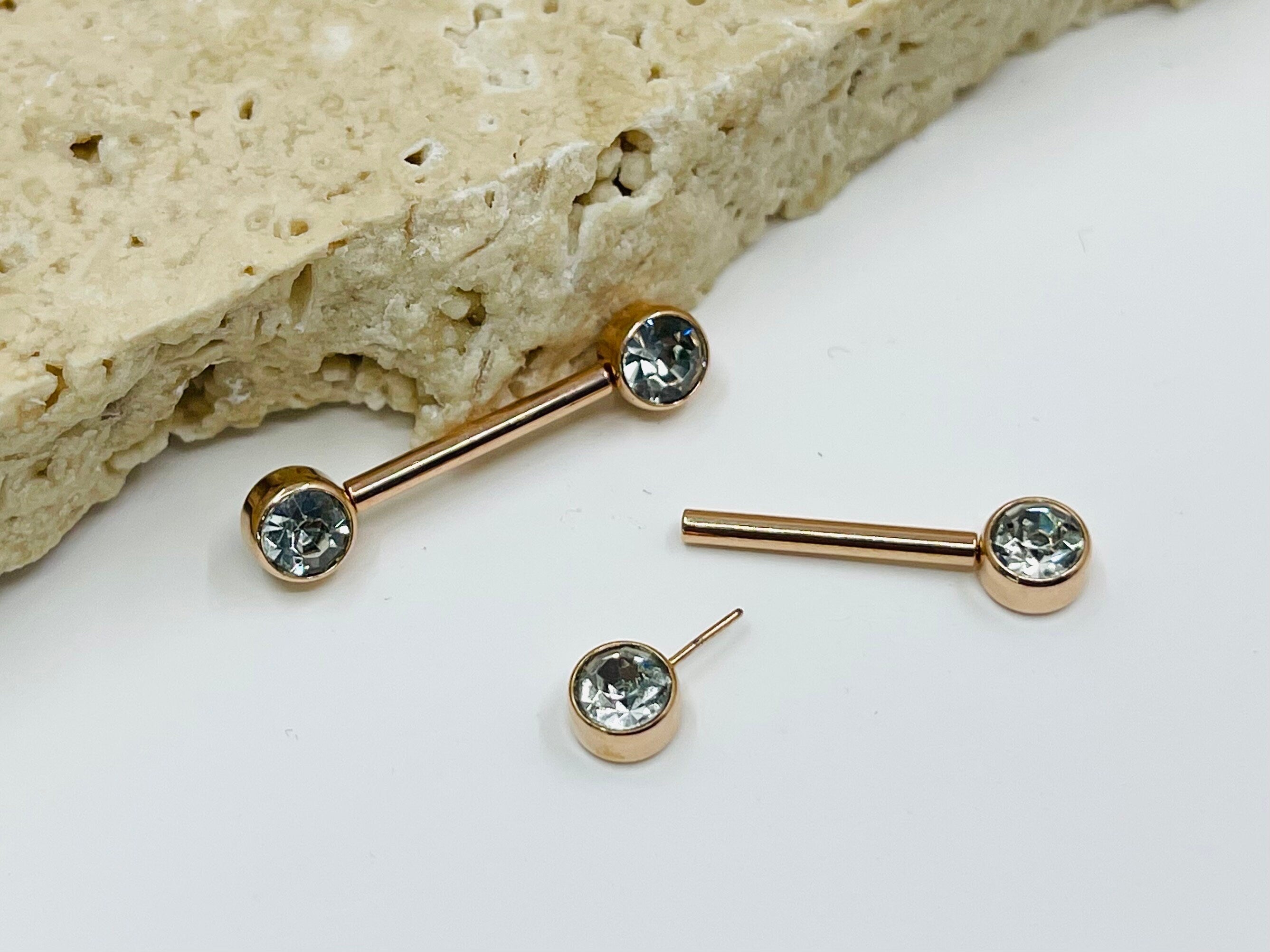 Pair of 14G Rose Gold Push-In Threadless Bezel Set Flat Back Clear Stone Nipple Barbells. Nipple Rings. Nipple Piercing. Nipple Jewelry