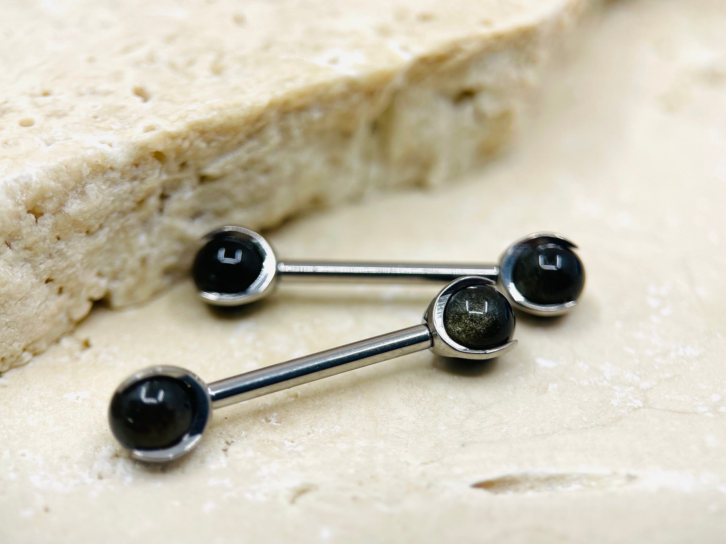 Black Obsidian Stone Titanium Nipple Barbell • Internally Threaded Titanium Nipple Jewelry • Nipple Piercing