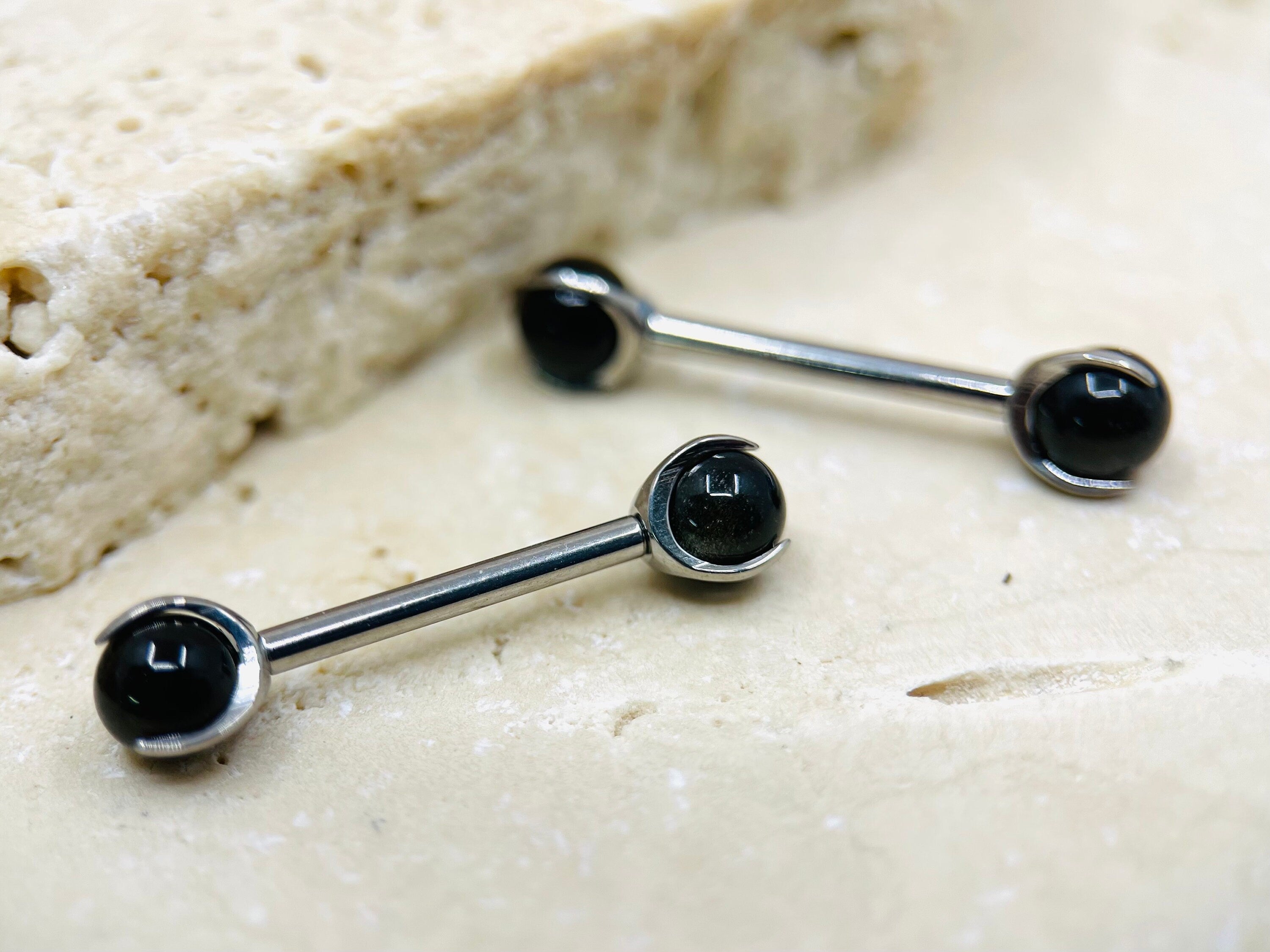 Black Obsidian Stone Titanium Nipple Barbell • Internally Threaded Titanium Nipple Jewelry • Nipple Piercing