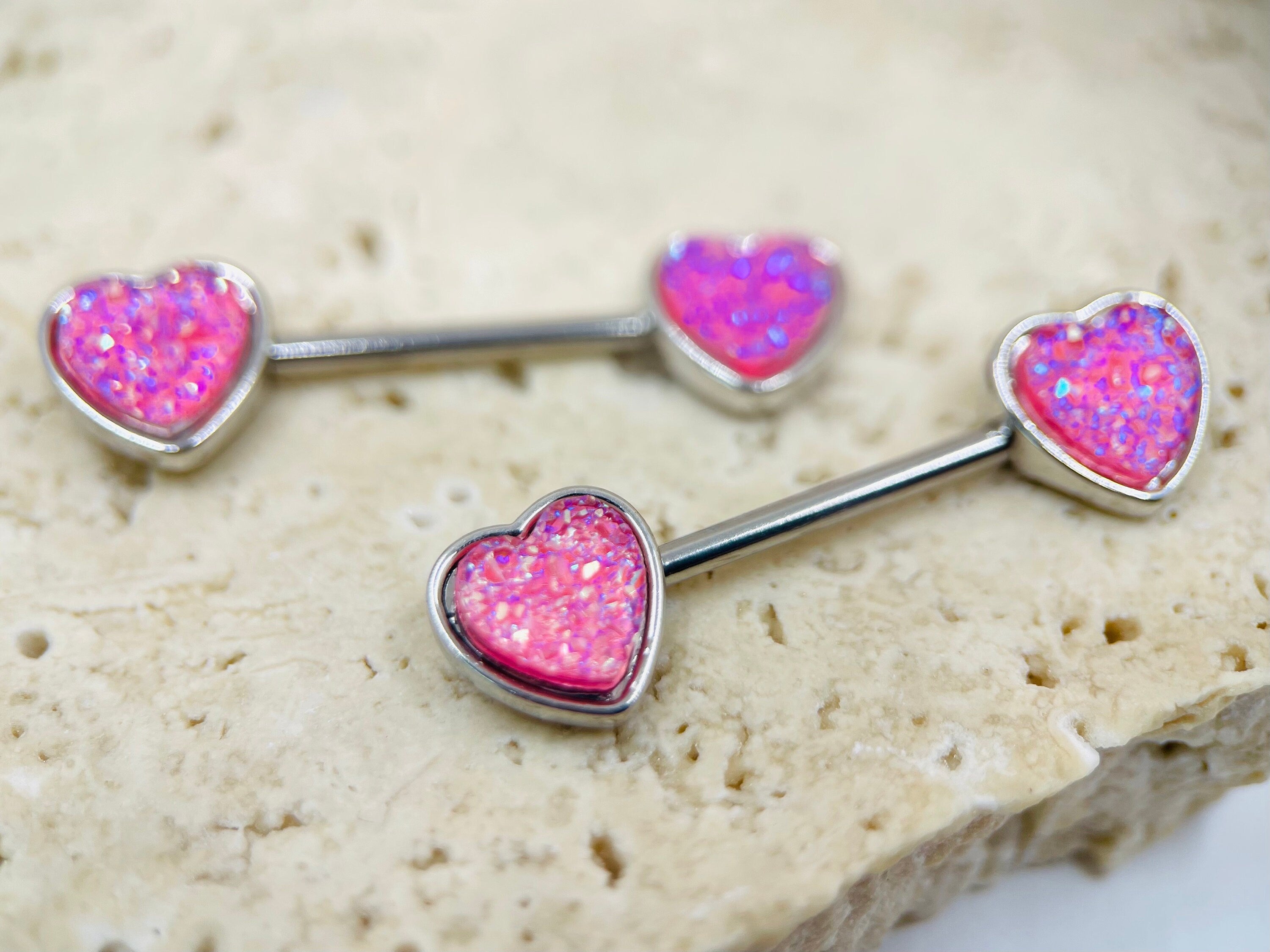 14G Silver Pink Druzy Stones Heart Shape Nipple Barbell. Nipple Piercings. Nipple Rings. Nipple Jewelry.