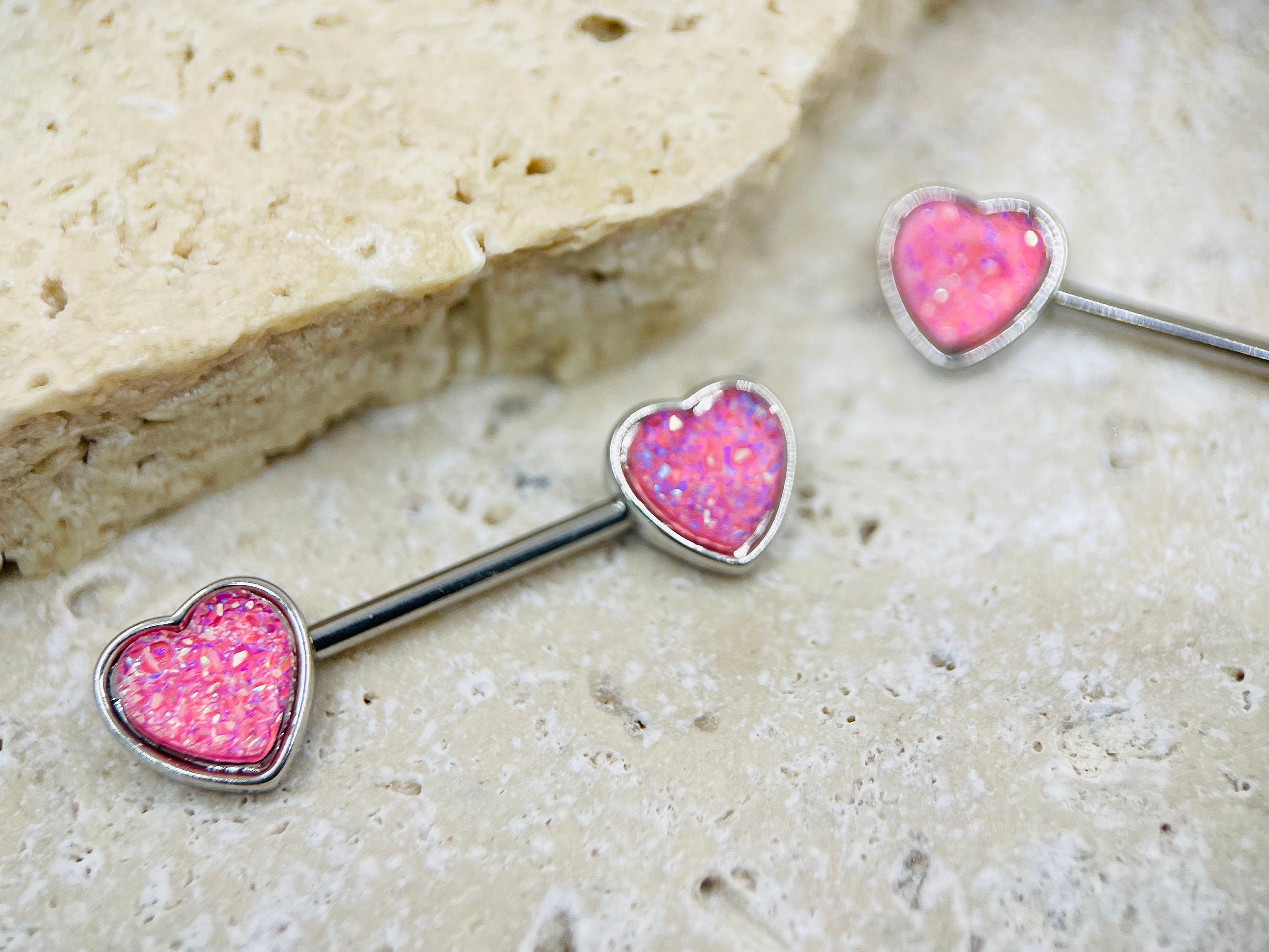 14G Silver Pink Druzy Stones Heart Shape Nipple Barbell. Nipple Piercings. Nipple Rings. Nipple Jewelry.