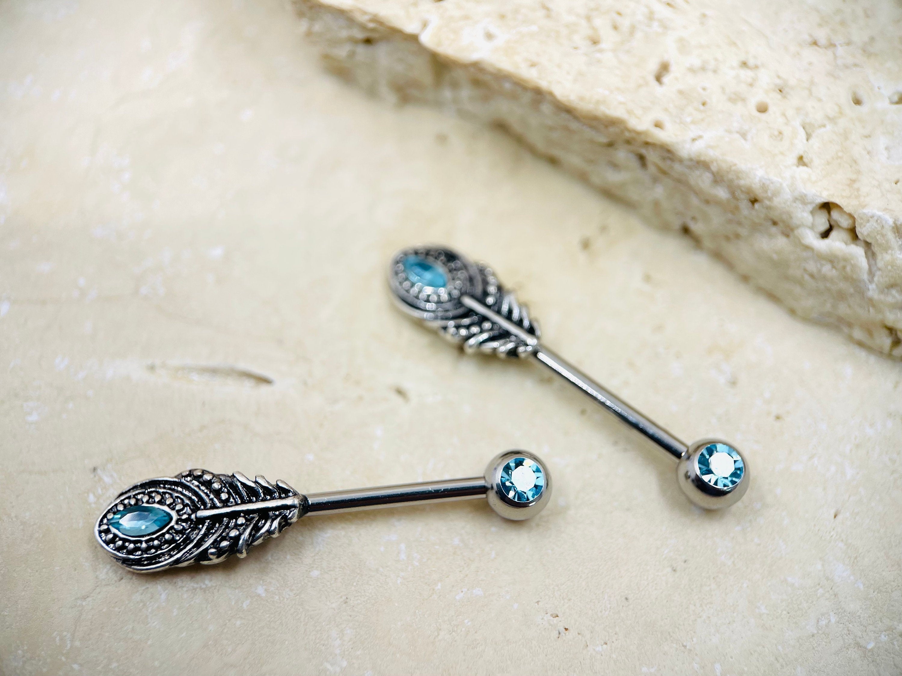 14G Blue Gem Feather Nipple Barbell • Feather Nipple Piercing • Nipple Jewelry