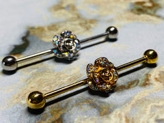 14G Rose with Aurora Borealis Stones Industrial Barbell. Industrial Bar. Industrial Piercing. Body Jewelry