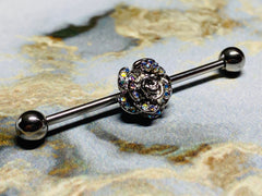 14G Rose with Aurora Borealis Stones Industrial Barbell. Industrial Bar. Industrial Piercing. Body Jewelry