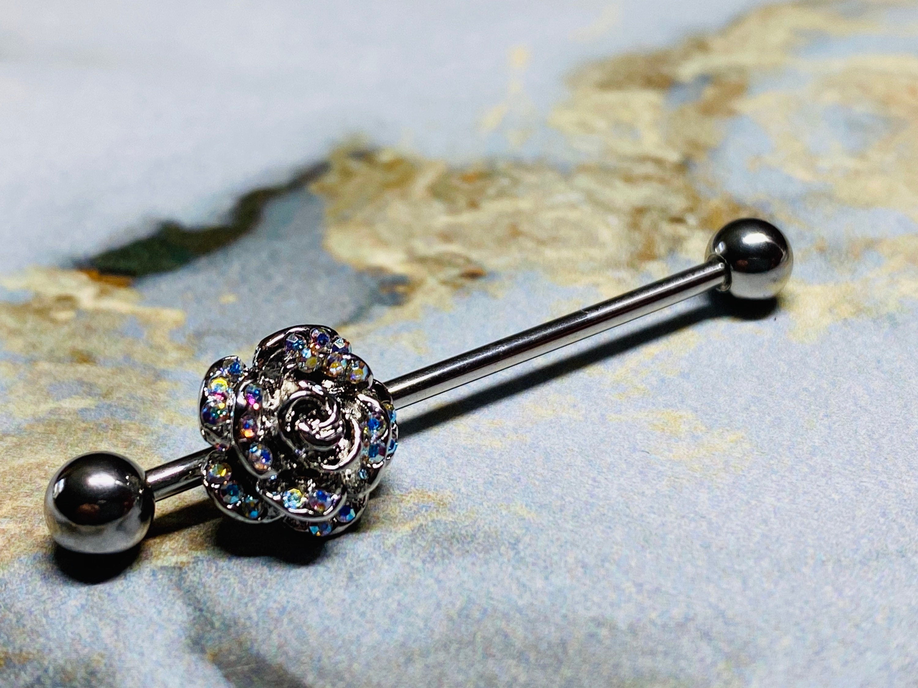 14G Rose with Aurora Borealis Stones Industrial Barbell. Industrial Bar. Industrial Piercing. Body Jewelry