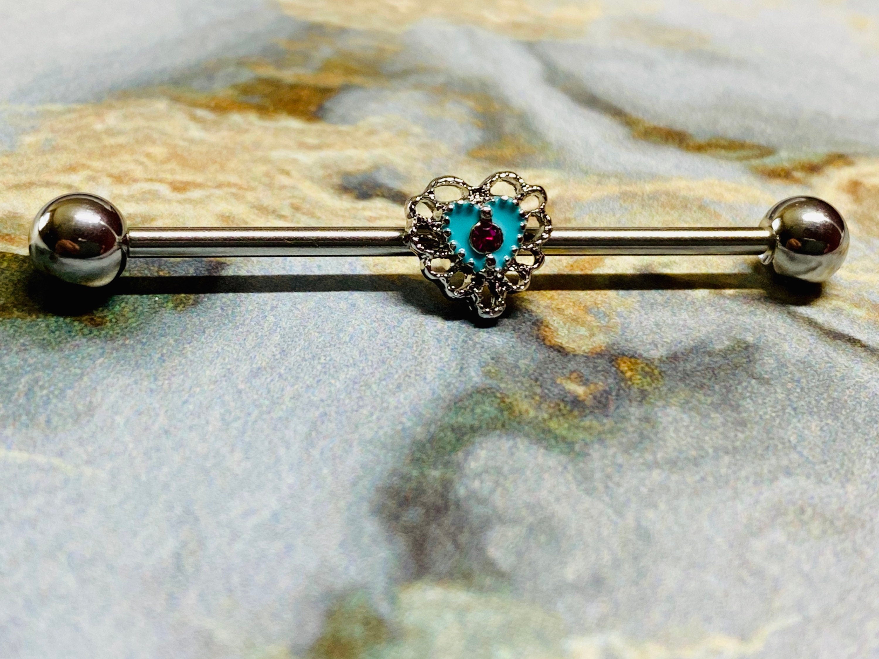 14G Turquoise Filigree Heart Shape Industrial Barbell. Industrial Piercing. Industrial Bar.