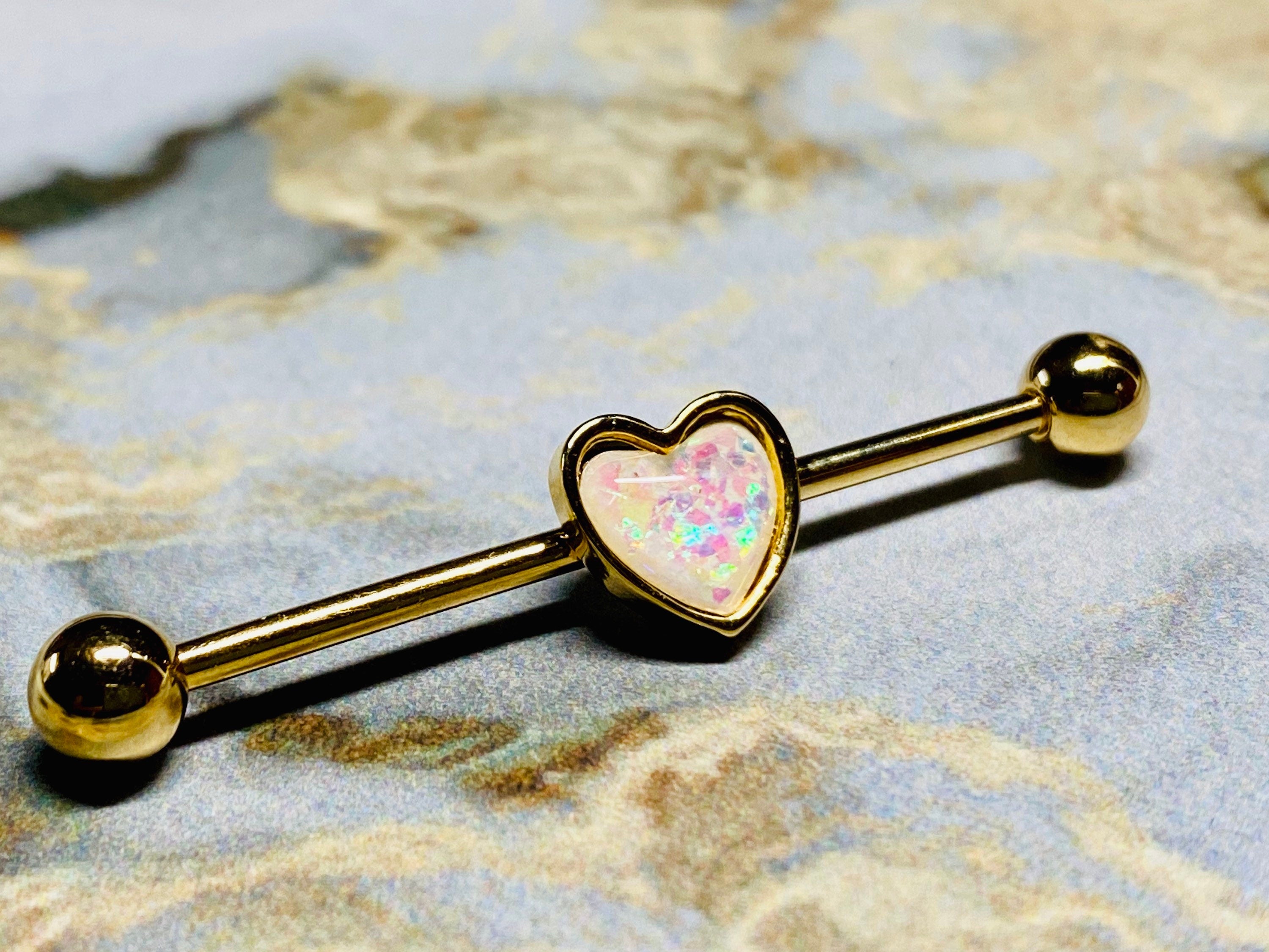 14G White Opal Heart Shape industrial Barbell Piercing. Industrial Bar. Industrial Piercing Jewelry