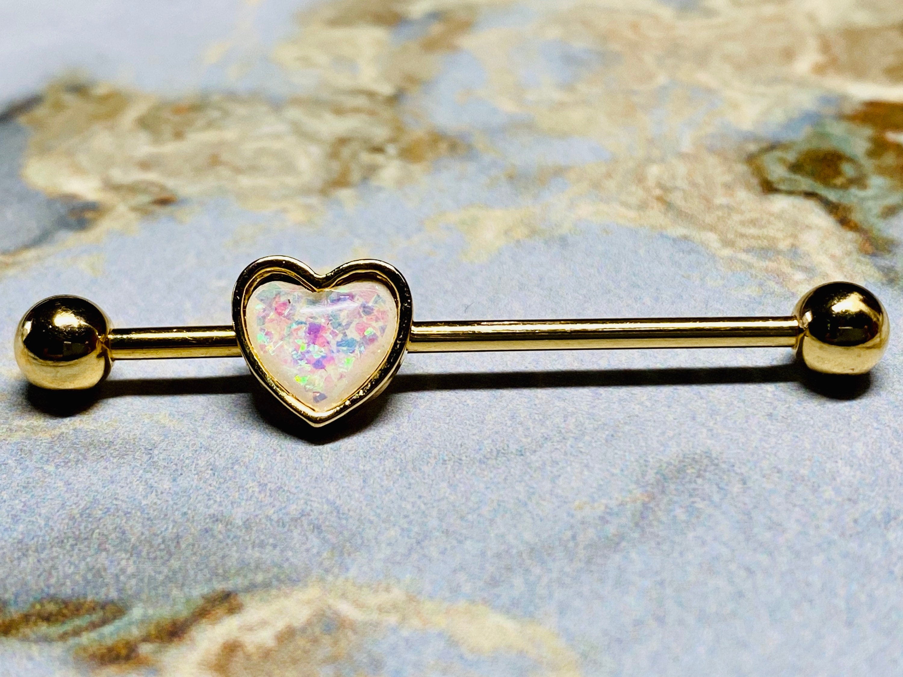 14G White Opal Heart Shape industrial Barbell Piercing. Industrial Bar. Industrial Piercing Jewelry