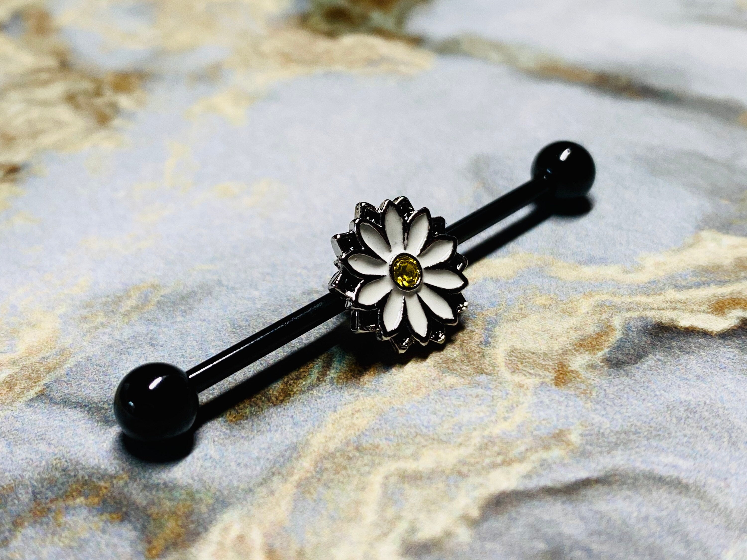 14G Black Daisy Flower Industrial Barbell. Industrial Piercing. Industrial Piercing Jewelry