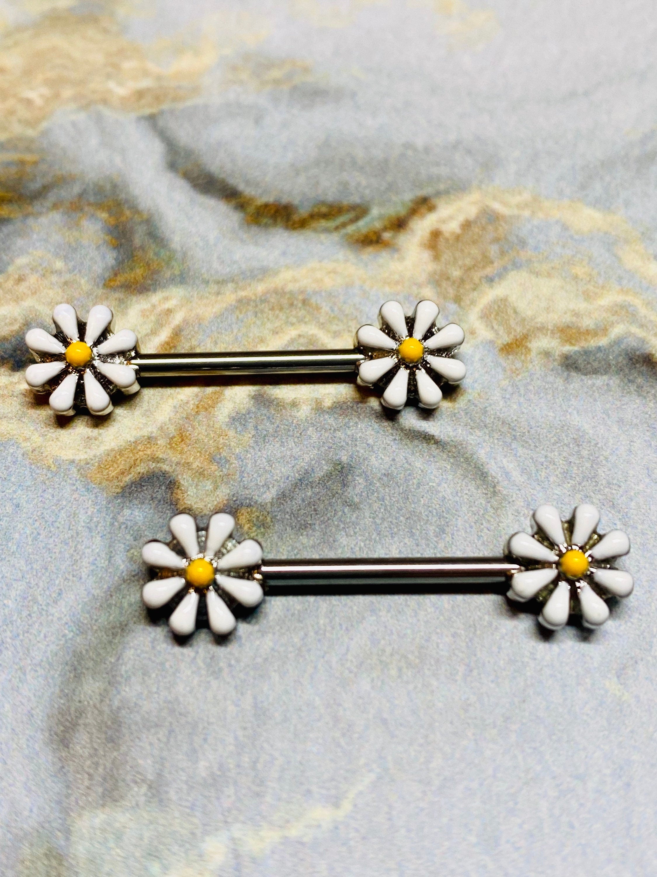 Pair of 14G Spring Flower Nipple Barbell. Nipple Piercing. Nipple Jewelry. Nipple Rings. Nipple Barbells.