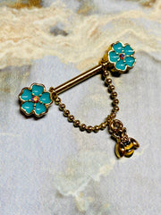 A set of Dangling Bee with Bloom Flowers Nipple Barbell