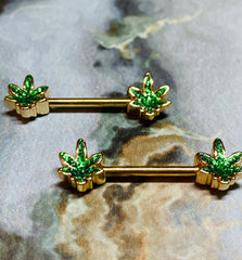 A Set of Gold Marijuana Leaf Cannabis Pot Leaf Nipple Barbell. Nipple Rings. Nipple Jewelry. Nipple Piercing