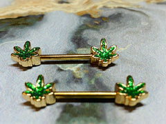 A Set of Gold Marijuana Leaf Cannabis Pot Leaf Nipple Barbell. Nipple Rings. Nipple Jewelry. Nipple Piercing