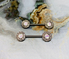 A set of Elegant Opal Center Nipple Barbell Ring. Nipple Jewlery. Nipple Piercing.