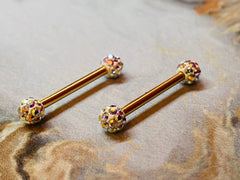 A set of Gold Multi Gem Sprinkles Nipple Barbell Ring. Nipple Piercings. Nipple Jewelry