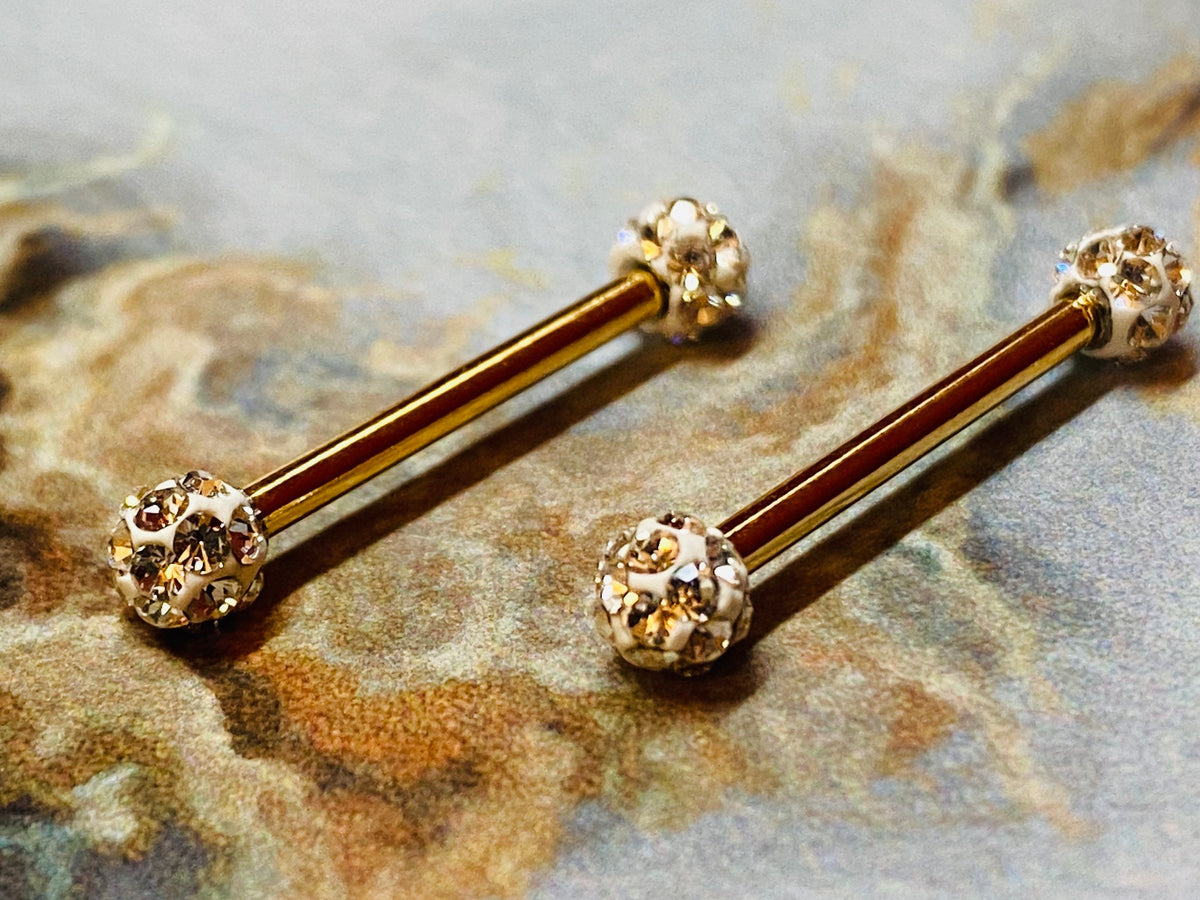 A set of Classic Gold Sprinkled Clear Gems Nipple Barbell. Nipple Piercings. Nipple Jewelry.