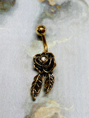 14G Gold Clear Gem Centered Rose with Leaflets Belly Button Ring. Belly Ring. Navel Ring.