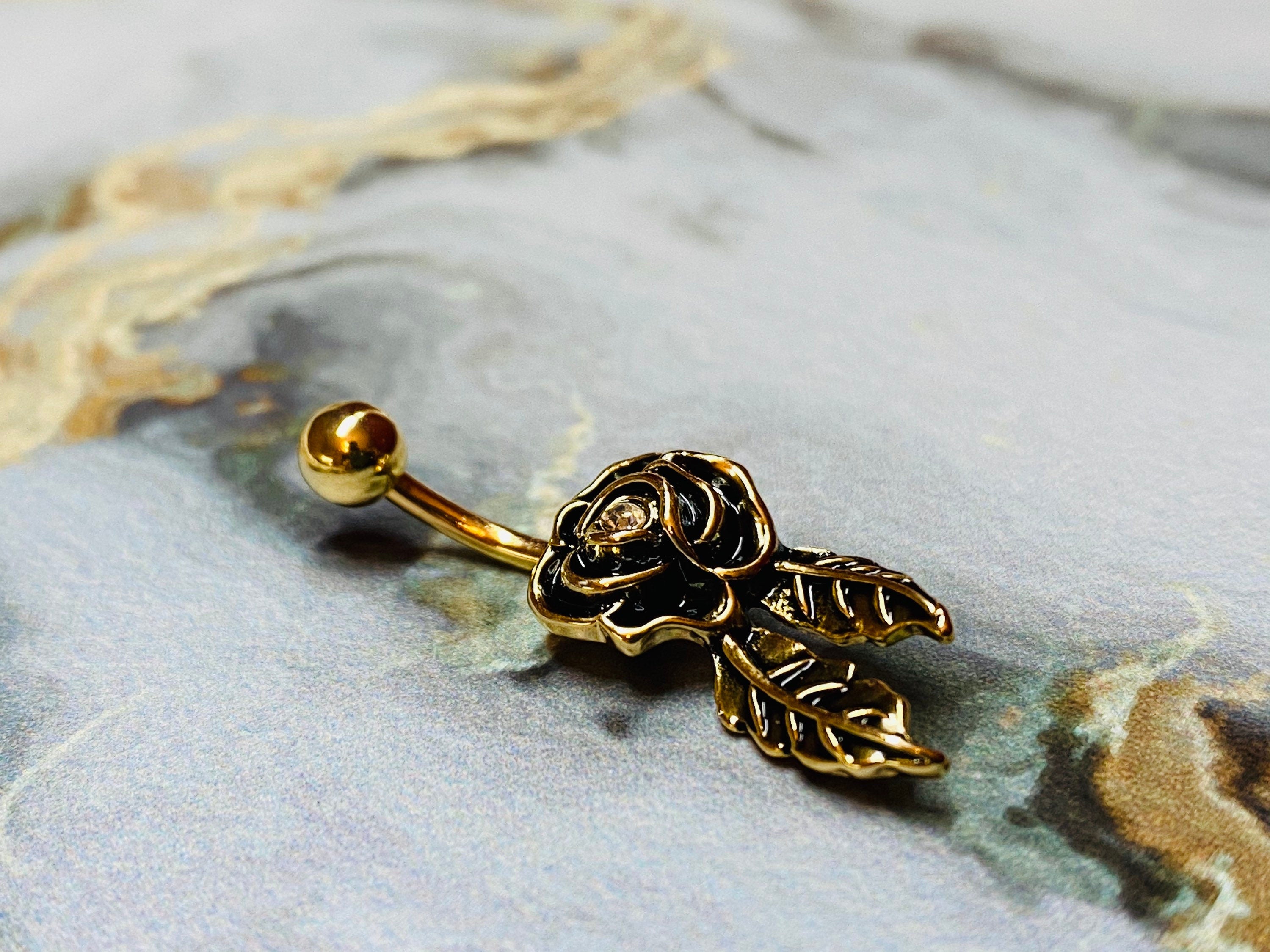 14G Gold Clear Gem Centered Rose with Leaflets Belly Button Ring. Belly Ring. Navel Ring.