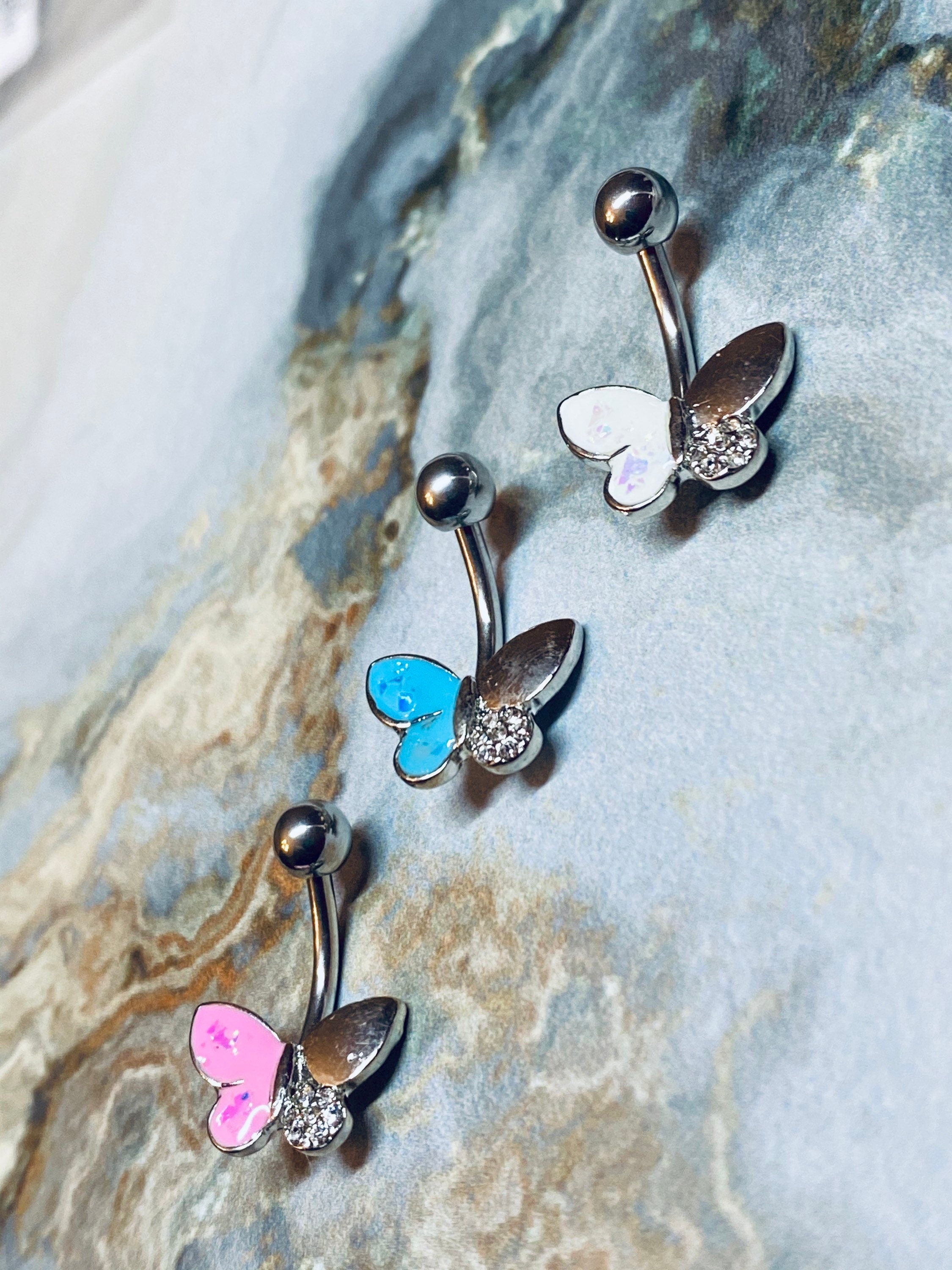 14G Butterfly White Pink Blue Opal Belly Button Ring. Belly Ring. Belly Piercings. Navel Ring