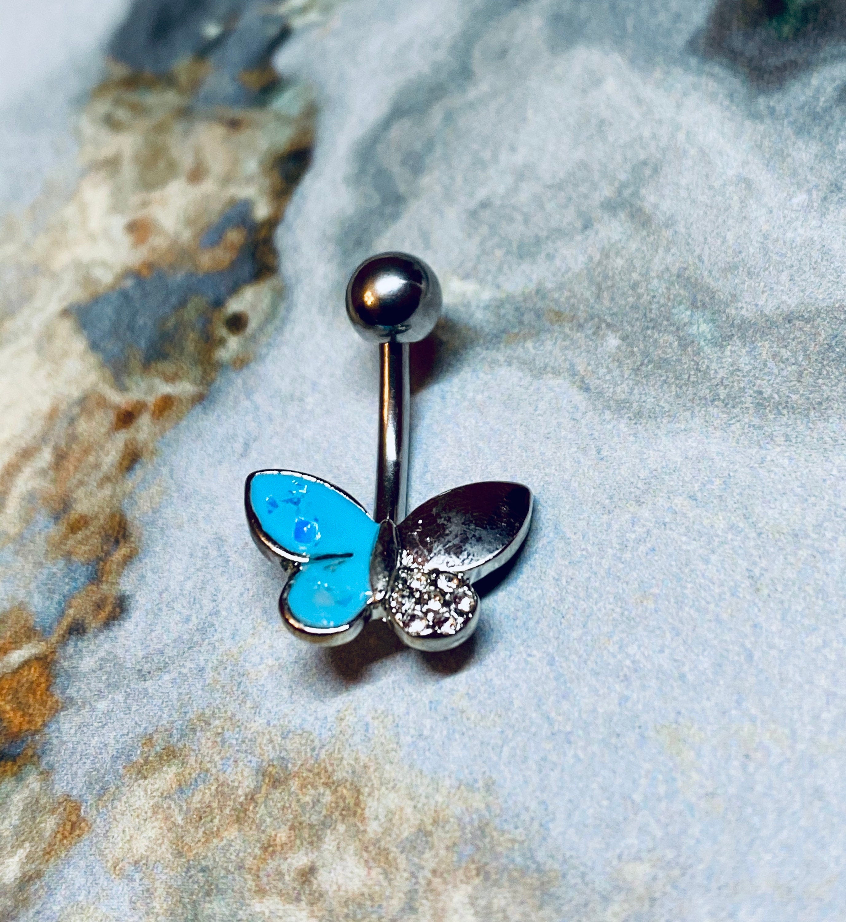 14G Butterfly White Pink Blue Opal Belly Button Ring. Belly Ring. Belly Piercings. Navel Ring