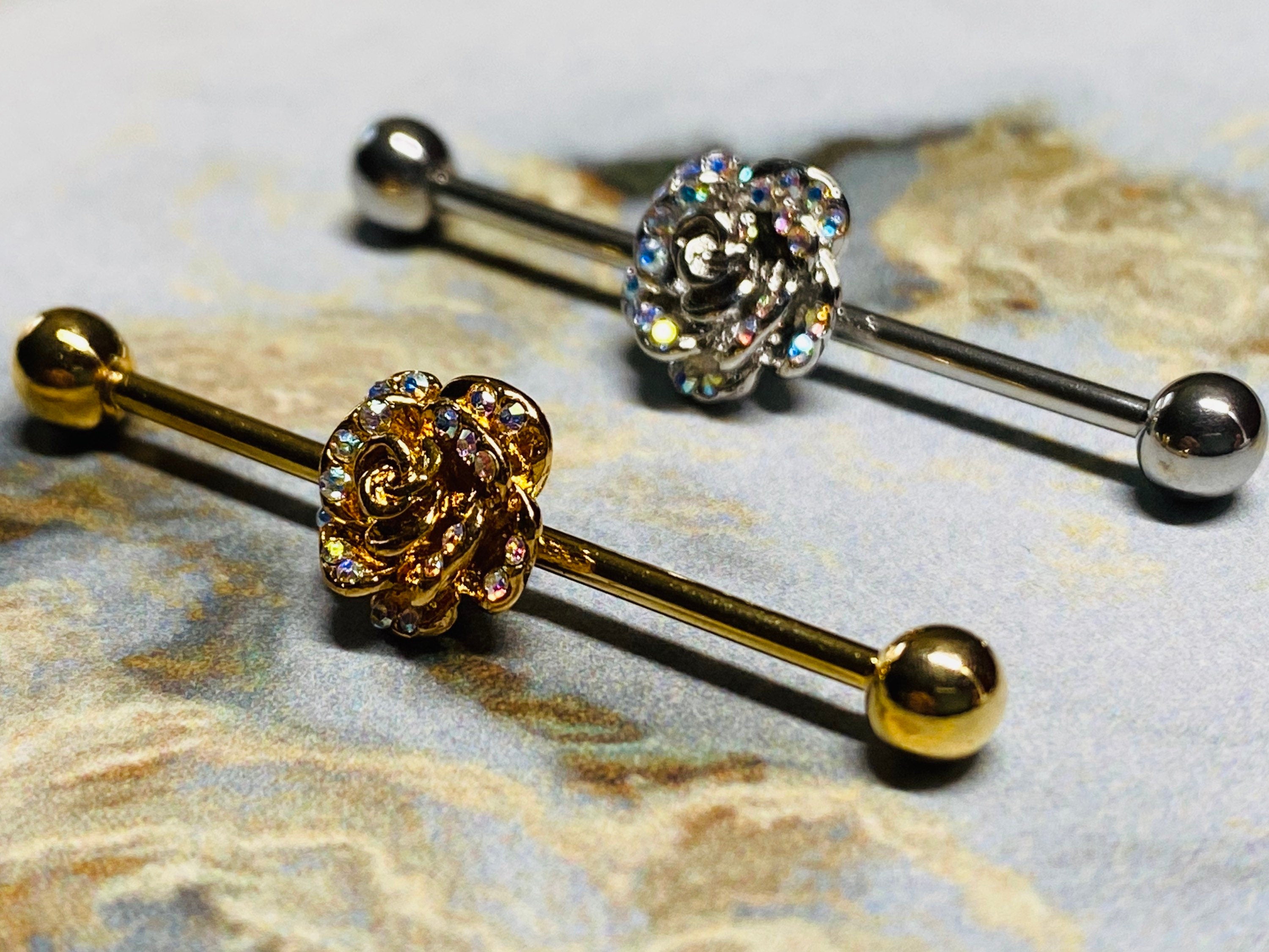 14G Rose with Aurora Borealis Stones Industrial Barbell. Industrial Bar. Industrial Piercing. Body Jewelry