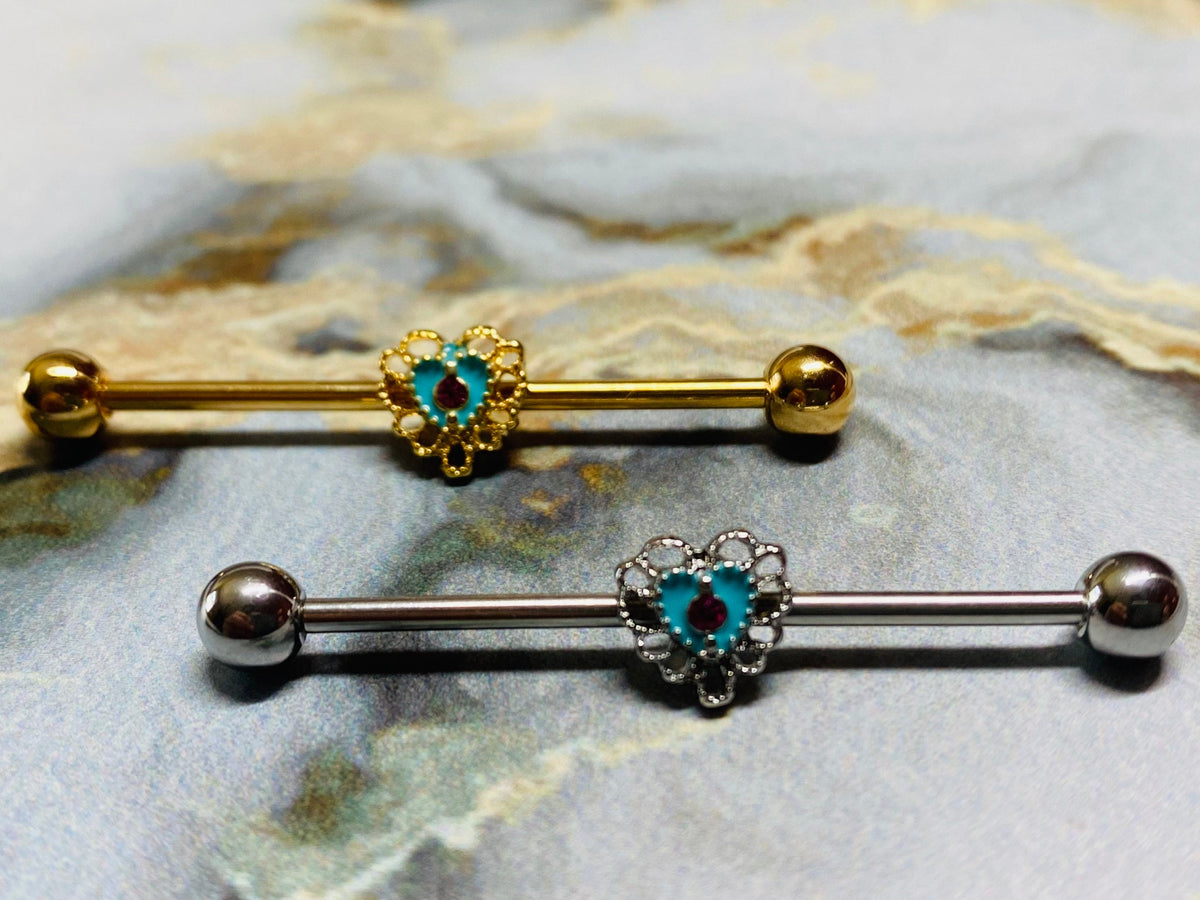 14G Turquoise Filigree Heart Shape Industrial Barbell. Industrial Piercing. Industrial Bar.