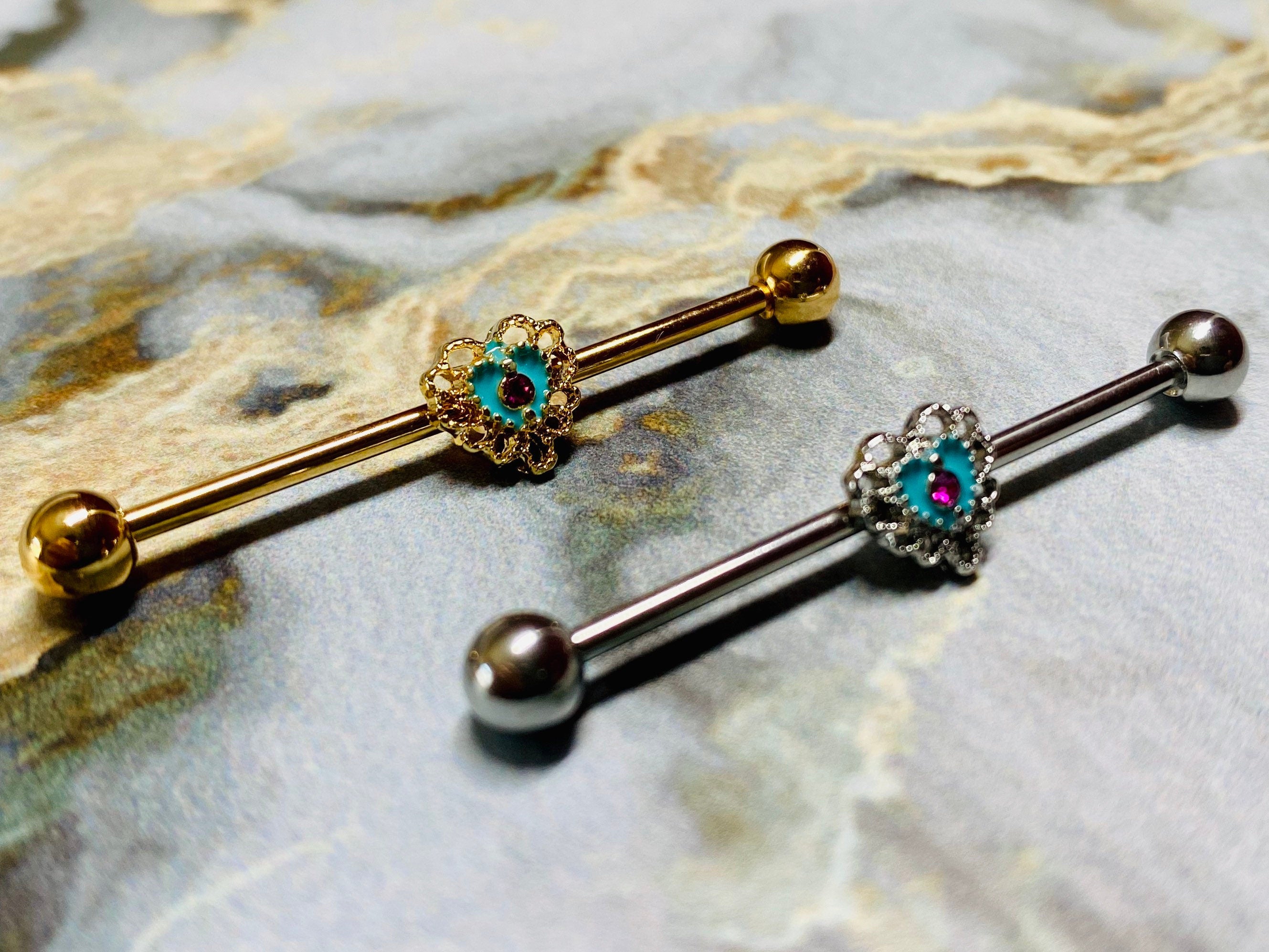 14G Turquoise Filigree Heart Shape Industrial Barbell. Industrial Piercing. Industrial Bar.