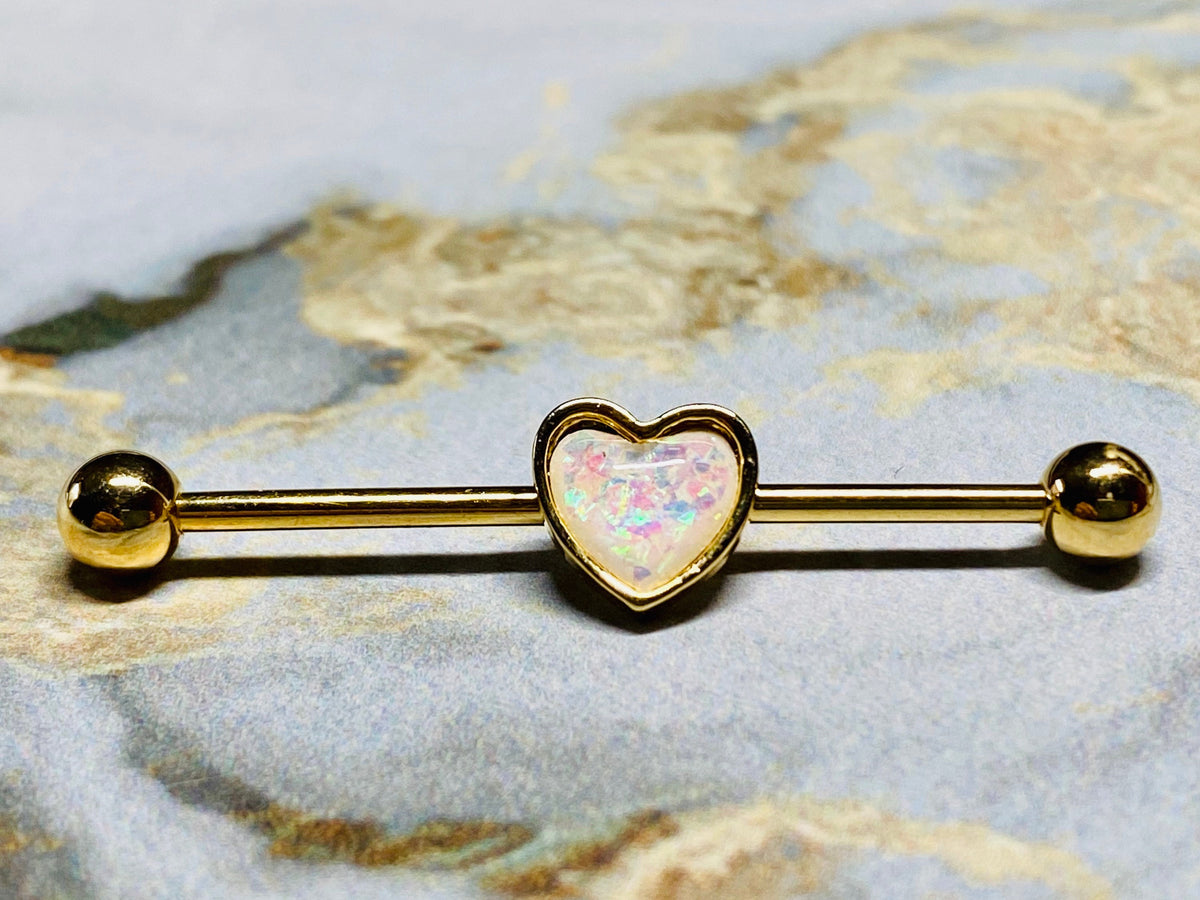 14G White Opal Heart Shape industrial Barbell Piercing. Industrial Bar. Industrial Piercing Jewelry