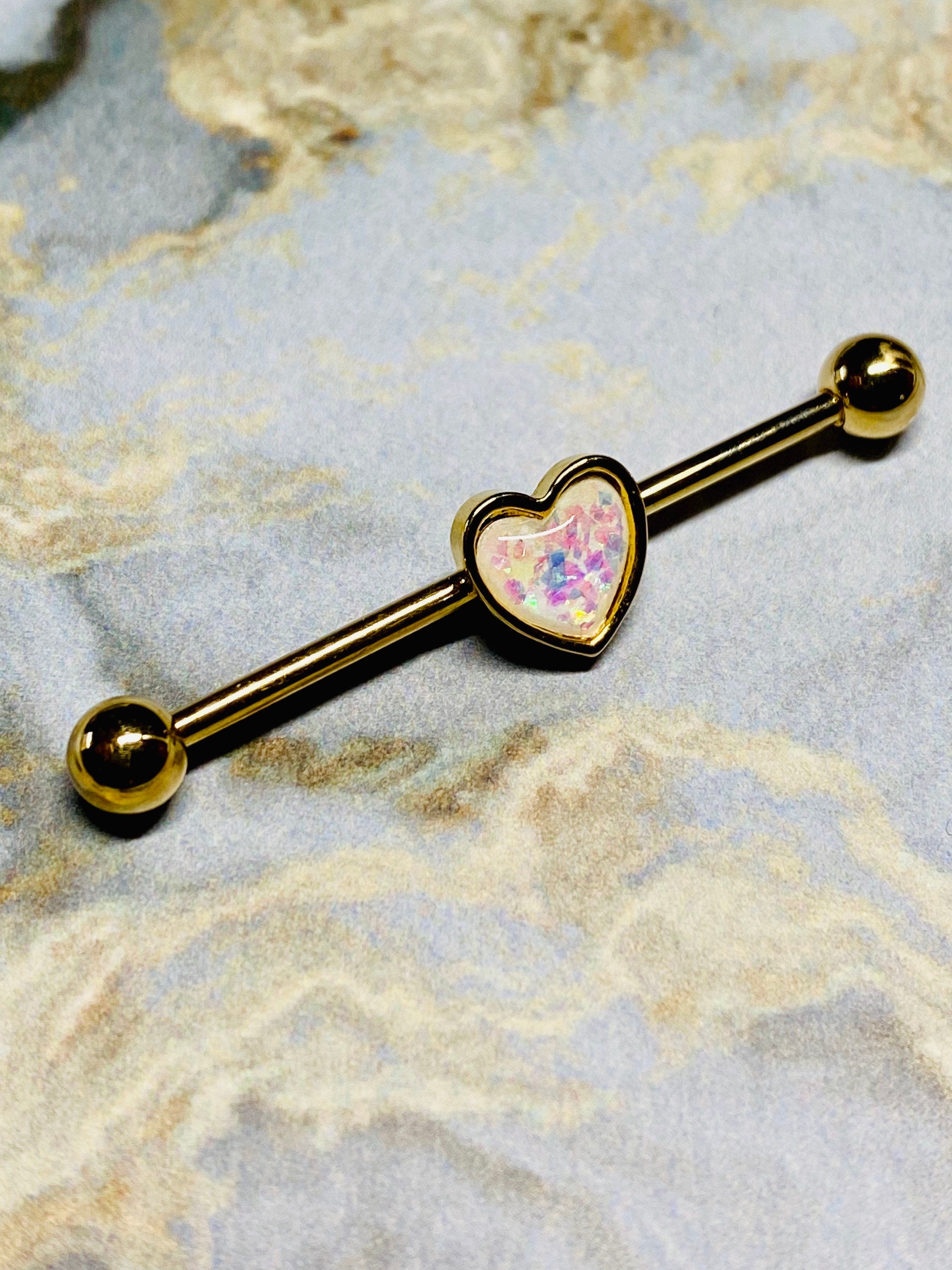 14G White Opal Heart Shape industrial Barbell Piercing. Industrial Bar. Industrial Piercing Jewelry